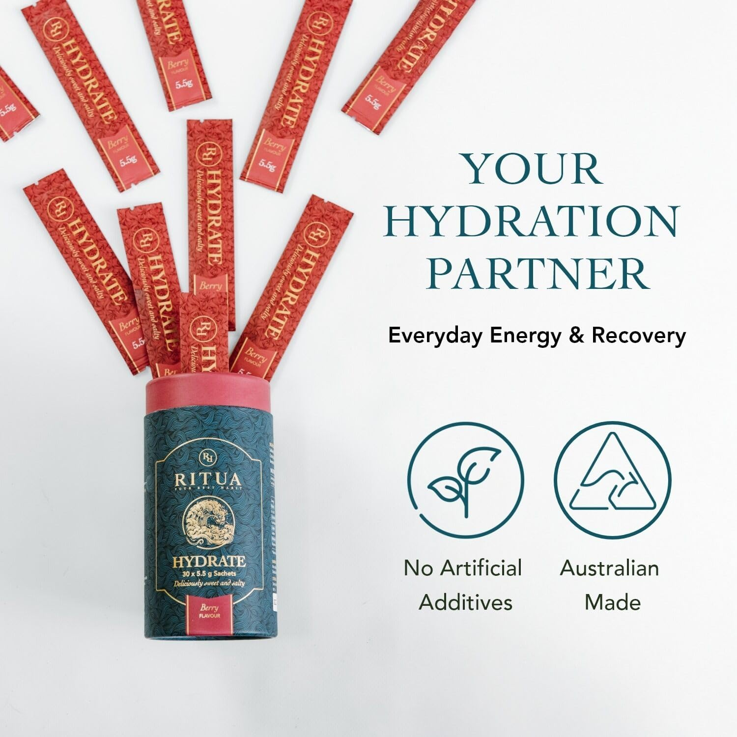 RITUA Zero Sugar HYDRATE Electrolyte Powder, Ideal Pre-Workout and Post-Workout Powder, Zero Carbs Energy Drink, 1000Mg Sodium per Serve, Natual Flavours and Sweeteners, 30 Sachets (30 Sachets, Berry) image number 2