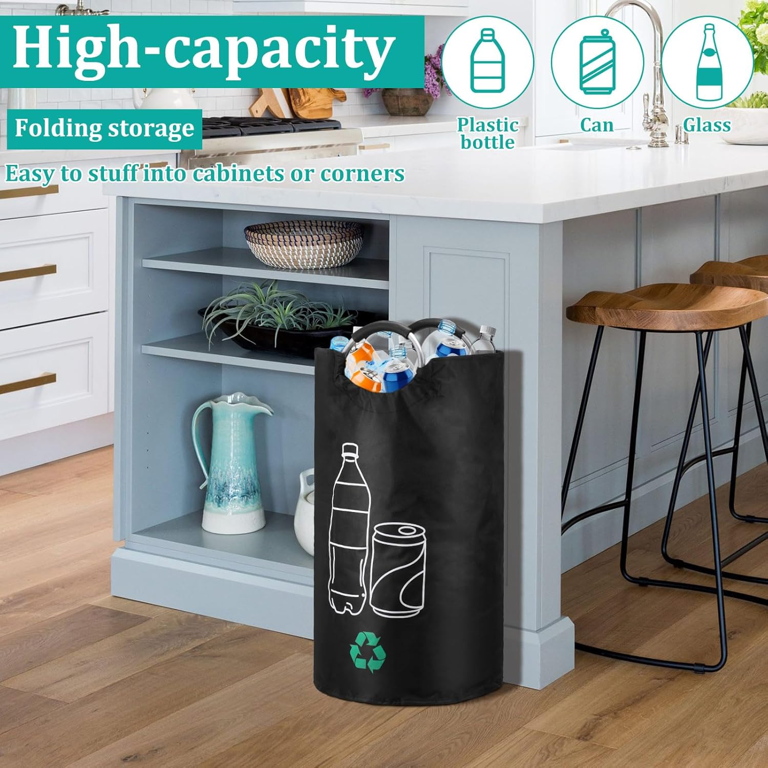 Recycling Waste Bin Reusable Recycle Bin 82L Deposit Bottle Collection Container with Aluminum Handles Waterproof Foldable Deposit Bottle Storage for Kitchen Home Office Outdoor Use(Black-1-82L)
