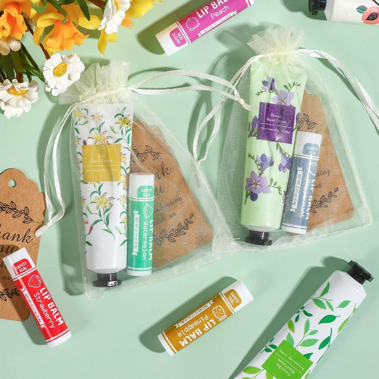 AZEN 60 Sets Bulk Gifts, Hand Cream and Lip Balm Bulk Set with Organza Bag Thank You Card, Baby Shower Wedding Gifts for Guests, Bridal Wedding Favors for Guests,Thank You Gifts for Women image number 4