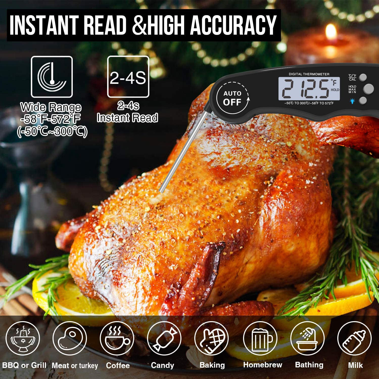 Blueswan Meat Thermometer Digital, Instant Read Food Thermometer, Waterproof for Cooking Deep Fry Oven Smoker Roast, Camping & Kitchen Essentials BBQ Accessories Grill Gifts for Men Him Dad Birthday