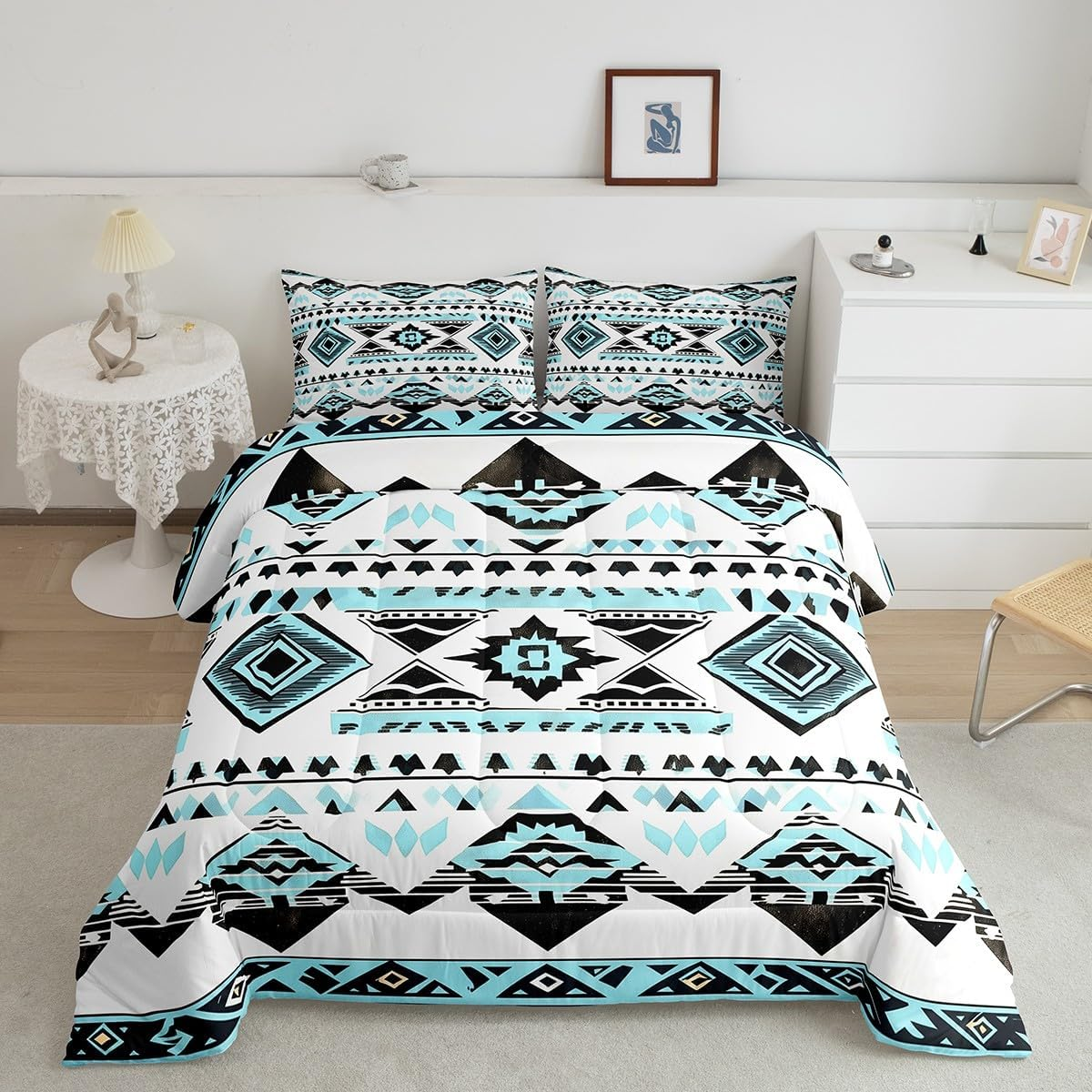 Loussiesd Southwestern Duvet 135 X 200 Cm Boho Geometric Western Quilt for Room Decor Tribal Native American Pattern 4-Seasons Duvet Blue Black Breathable Duvet image number 4