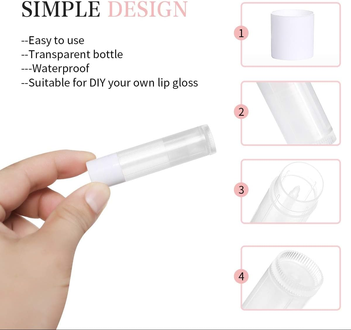 JIUZHU 100 Sets Empty Lip Balm Lip Gloss Tubes Bulk round with White Caps for DIY Lipstick Homemade, 3/16 Oz (5.5 Ml), Clear, BPA Free, 100 Tubes and 100 Caps