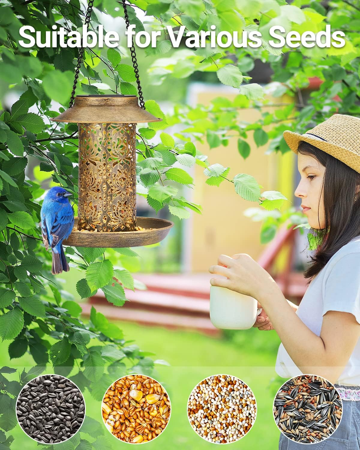 SWEETFULL Solar Bird Feeder for Outdoors Hanging, Metal Wild Bird Feeder for Cardinals Solar Garden Lantern with S Hook as Gift Ideas for Bird Lovers (2Lbs Heavy Duty Weather Resistance Birdfeeders) image number 4