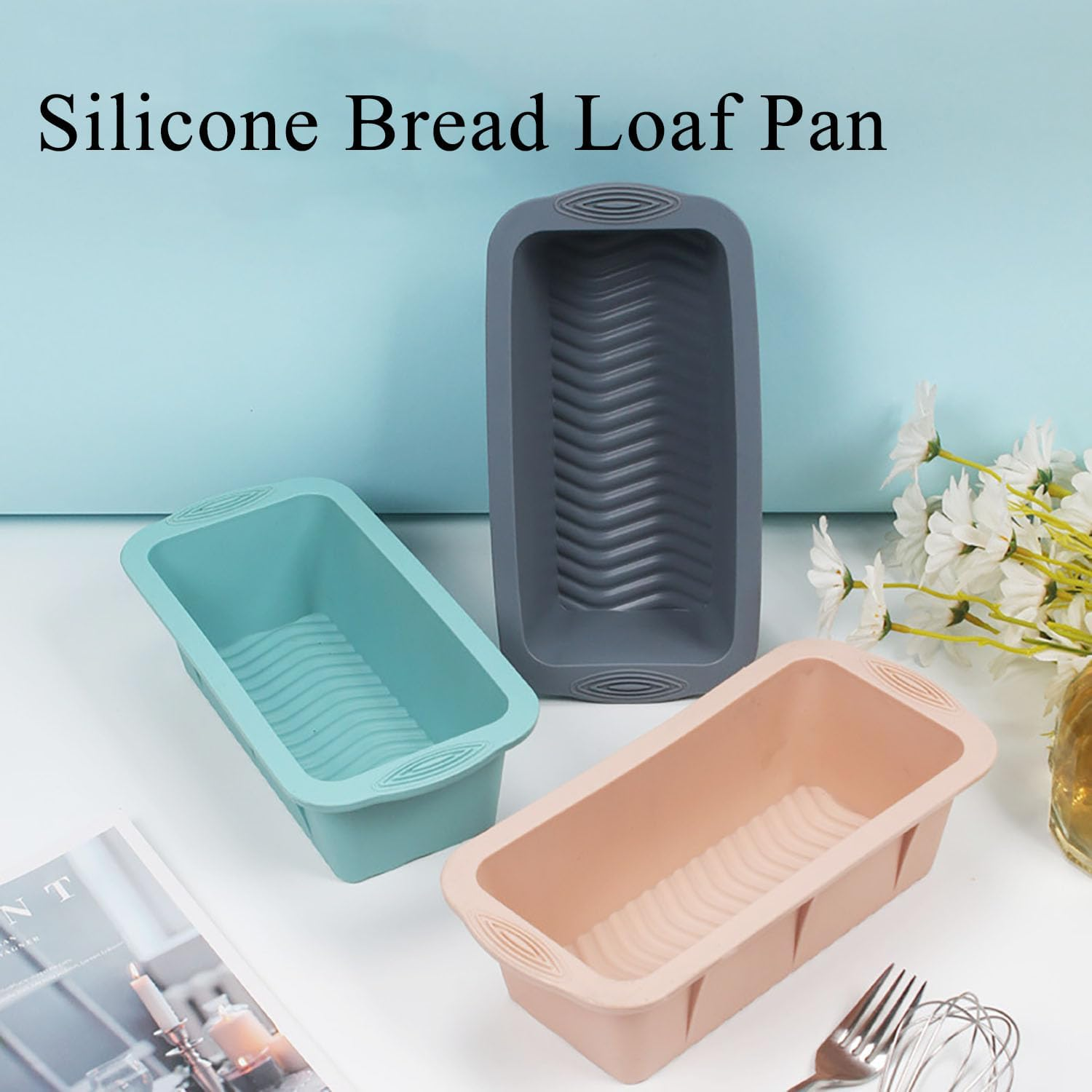 MRDLKNX Set of 3 Silicone Bread Loaf Pan, Silicone Molds with Silicone Tools for Homemade Loaf, Bread, Meatloaf, Cake, 9.8 X 4.7 Inch Rectangular Silicone Loaf Pans for Baking, Easy Release