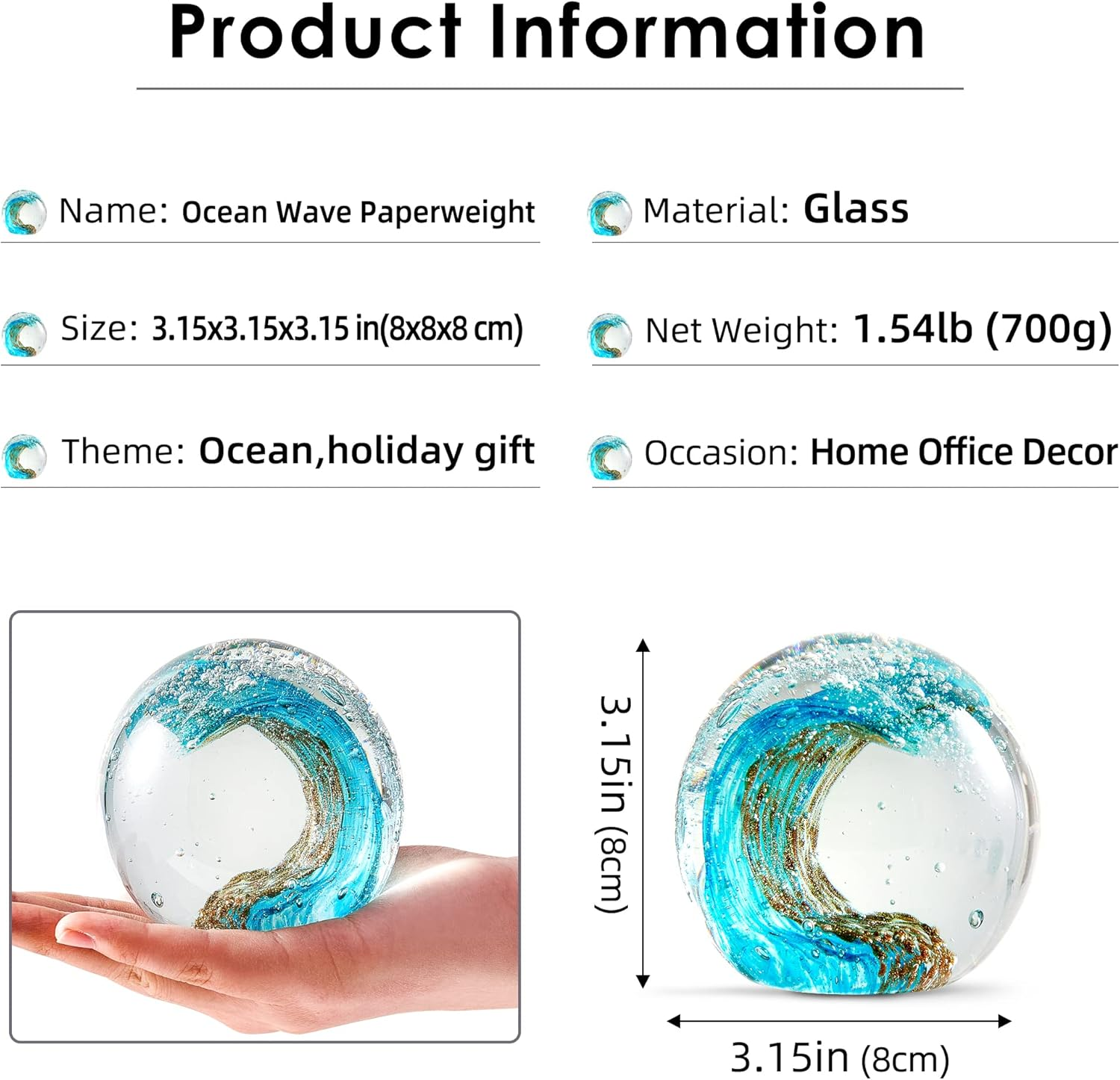 EUSTUMA Hand Blown Glass Figurines Ball Ocean Waves,Office Paperweight Glass for Desk,Home Decor Collectible,Aquarium Decor,Office Decor Ocean Lovers (Waves) - Wave Paperweight image number 3