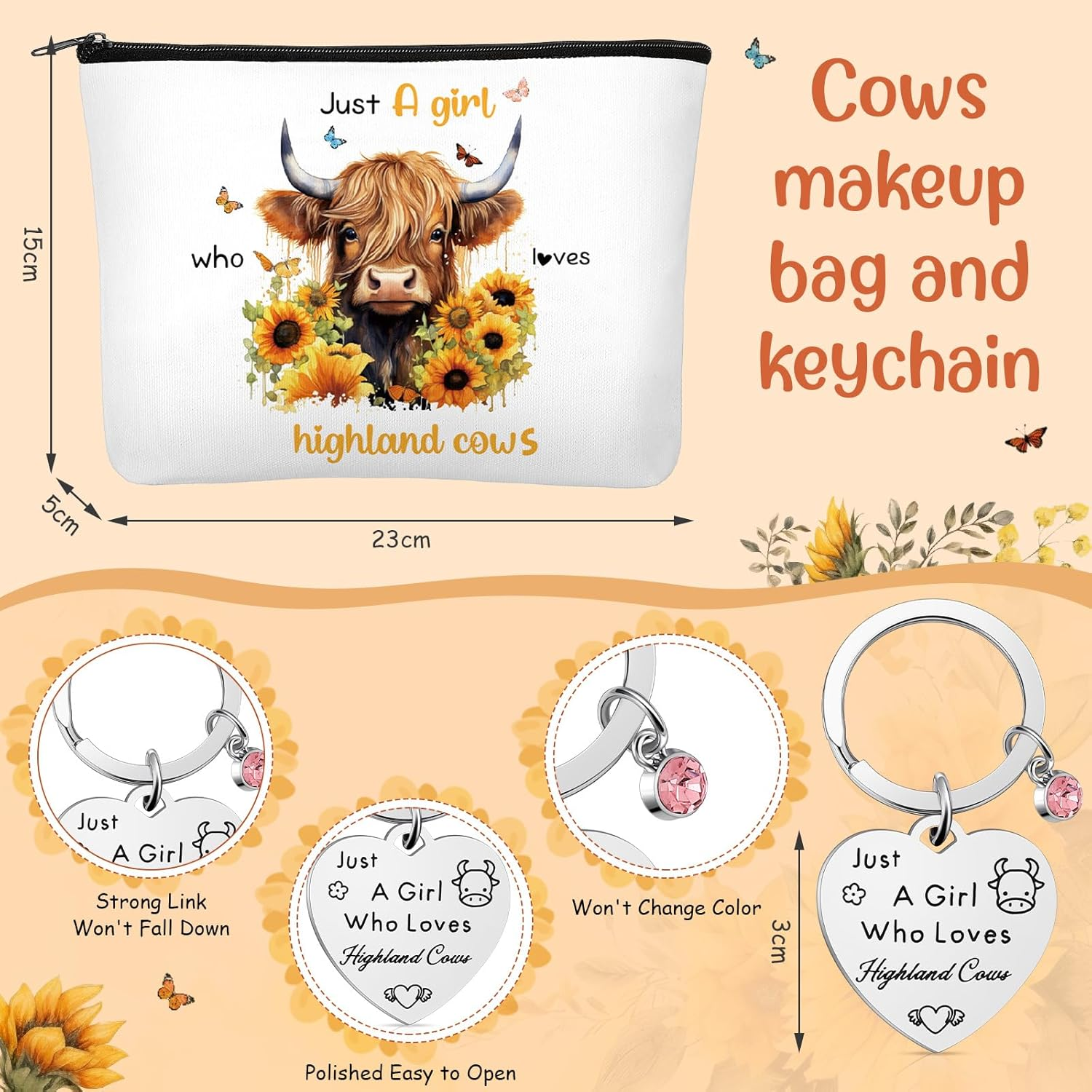 Xuniea 3 Pcs Highland Cow Gift Set for Women Cow Lover Highland Keyring Cattle Makeup Bag Cotton Socks Just a Girl Who Loves Gifts Cute Animal Themed Party Supplies for Birthday Graduation image number 5