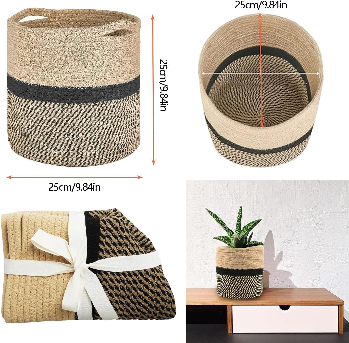 2 Pcs Jute Cotton Rope Plant Basket, Woven Baskets for Flower Pot Home Decor, round Indoor Planters Storage Organizer, Brown Black 25 * 25 * 25Cm, Storage Organizer Basket Rustic Home Decor image number 6