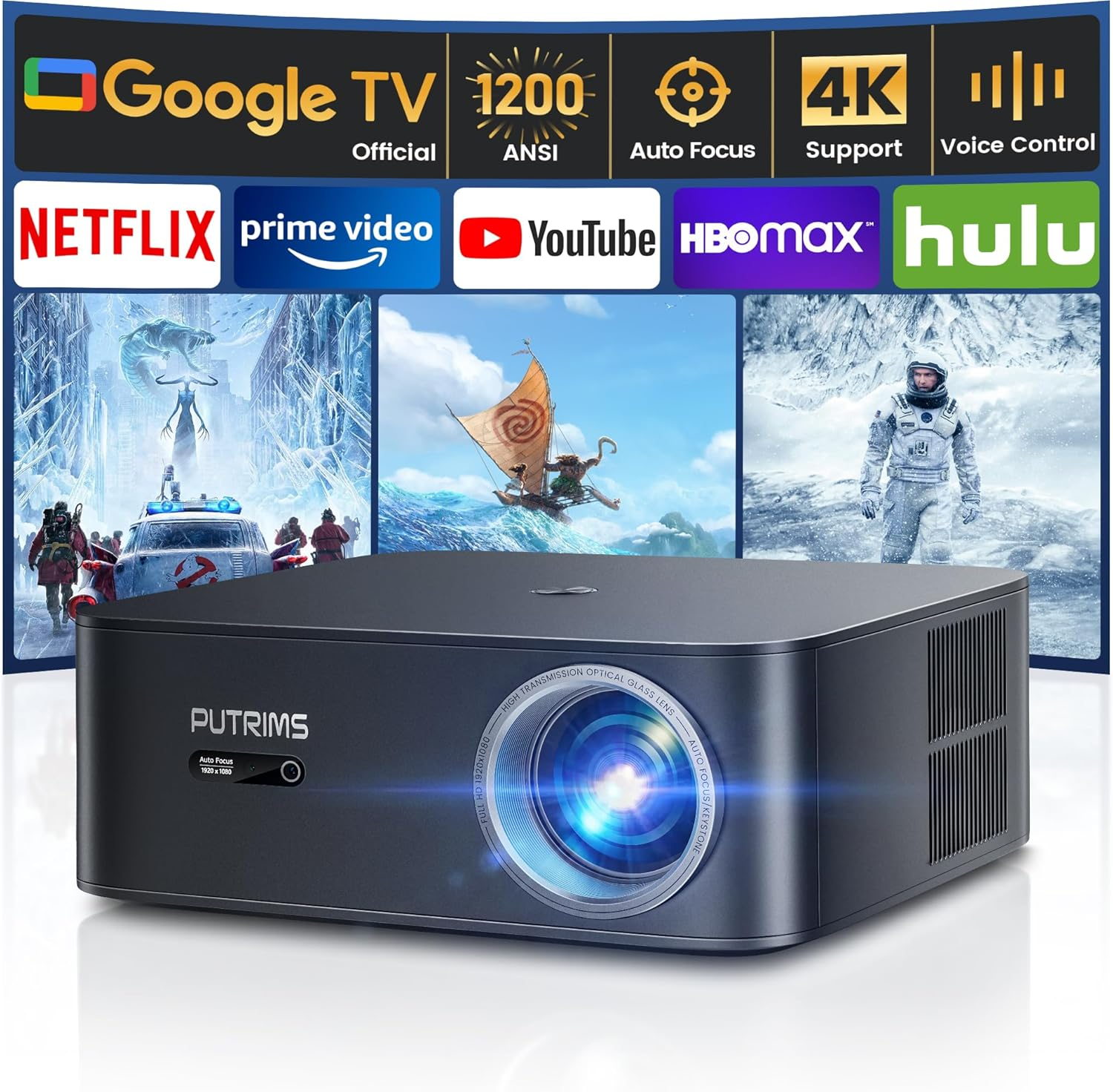 4K Projector【1200 Ansi/Netflix-Licensed Built-In Google Tv/Voice Control】 Real-Time Focus & Keystone Smart Projector, Native 1080P Projector with Wifi 6 and Two-Way Bluetooth for Home Ceiling/Outdoor image number 2