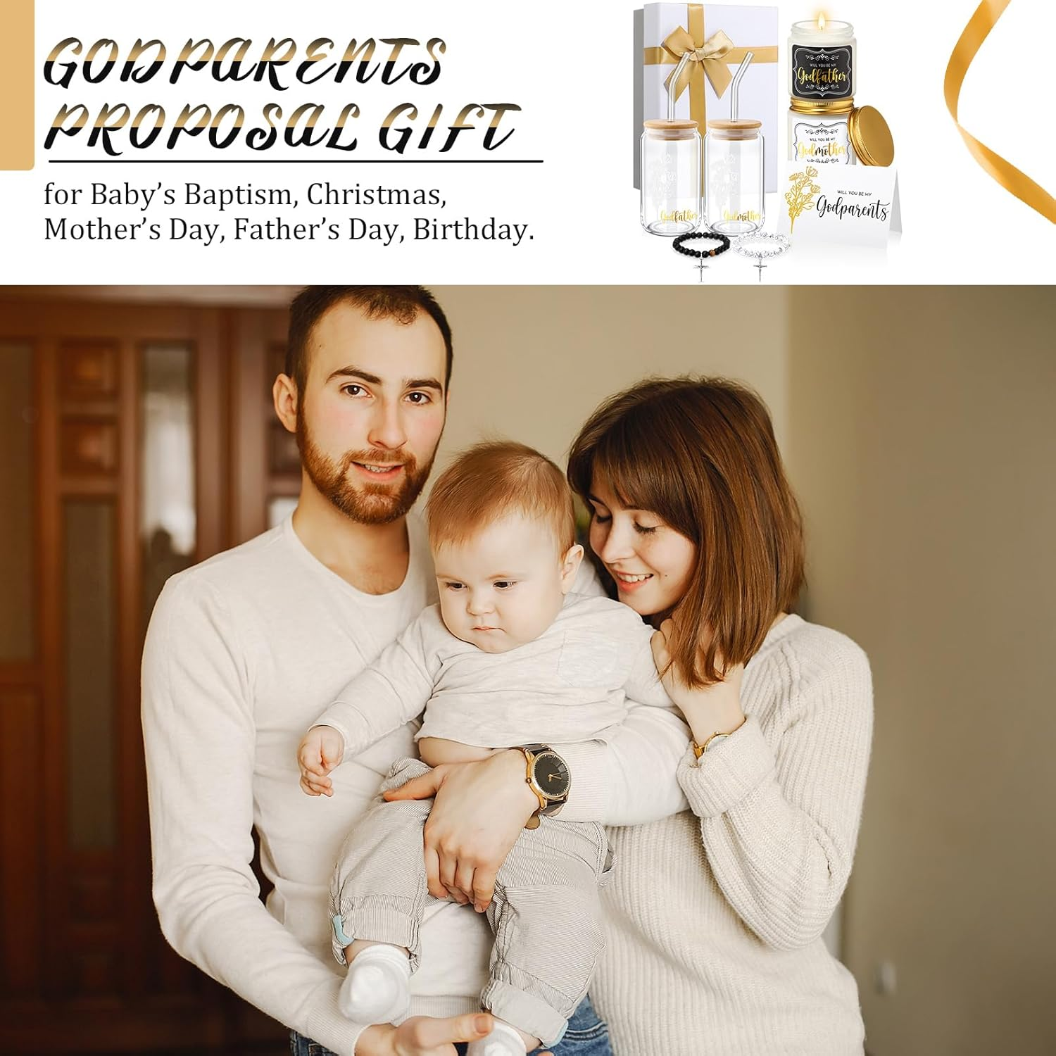 9 Pcs Godparents Proposal Gift Set Will You Be My Godmother Godfather Glass Cup Scented Candle Cross Bracelet Cards Box from Godchild Baptism Padrino Madrina Gifts(Classic Style) image number 1