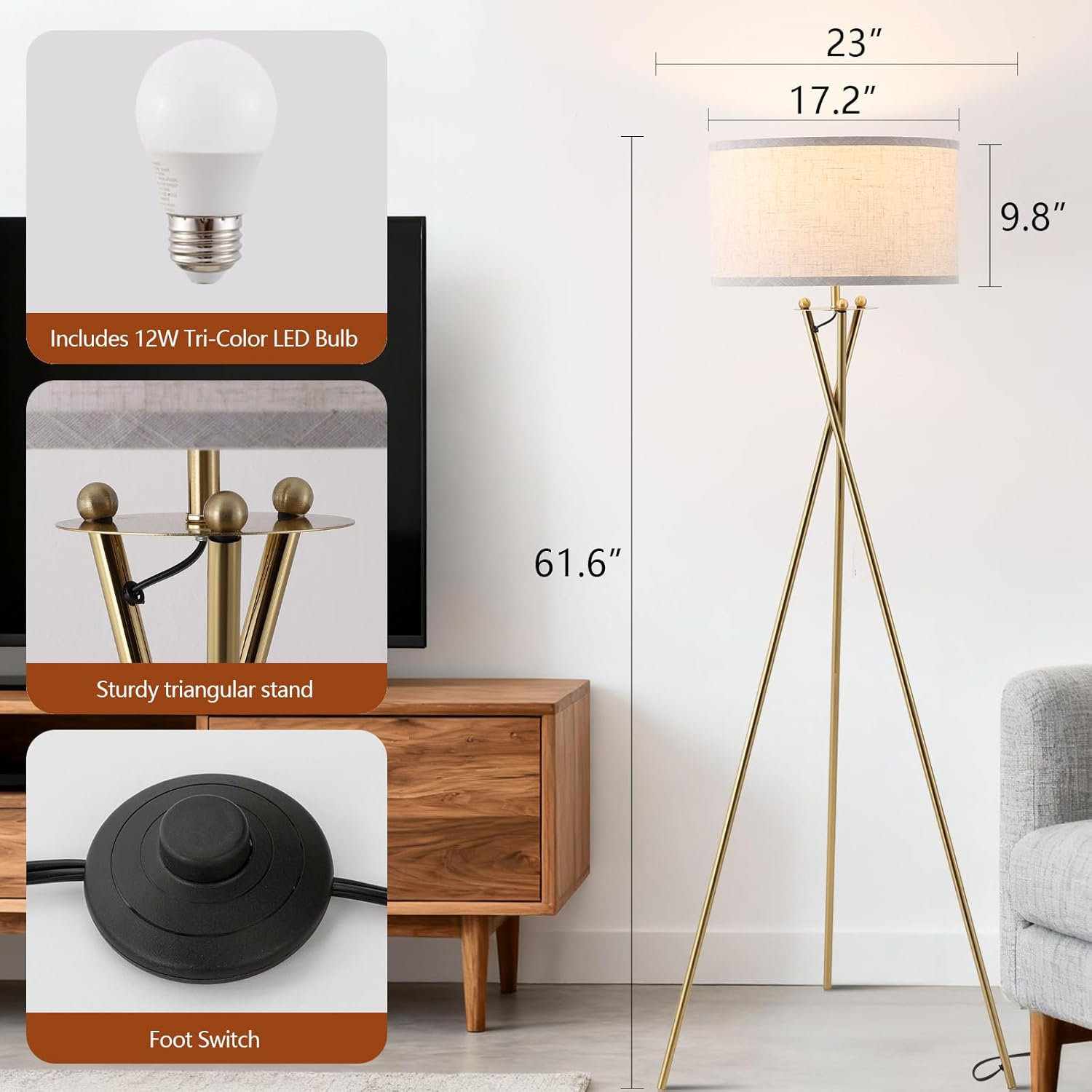 EOEYYOYB Tripod Floor Lamp with Linen Drum Shade, Modern Polished Brass Tall Floor Lamp, Reading Standing Light for Living Room Bedroom Office, Gold image number 2