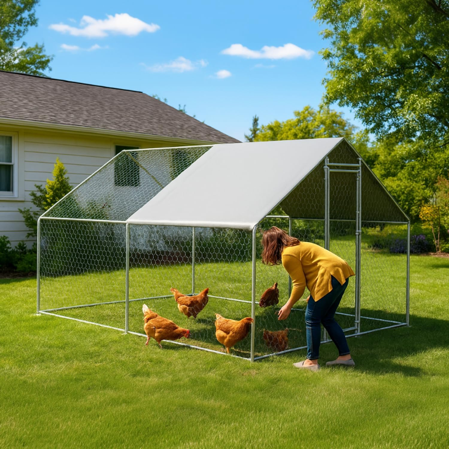 Large Spire-Shaped Chicken Coop, Galvanized Metal Hen House with Waterproof Sun-Protective Cover, Walk-In Chicken Run Pen for Backyard Farm, Poultry Cage for Chicken, Rabbits, Ducks, 400X300X200Cm image number 5