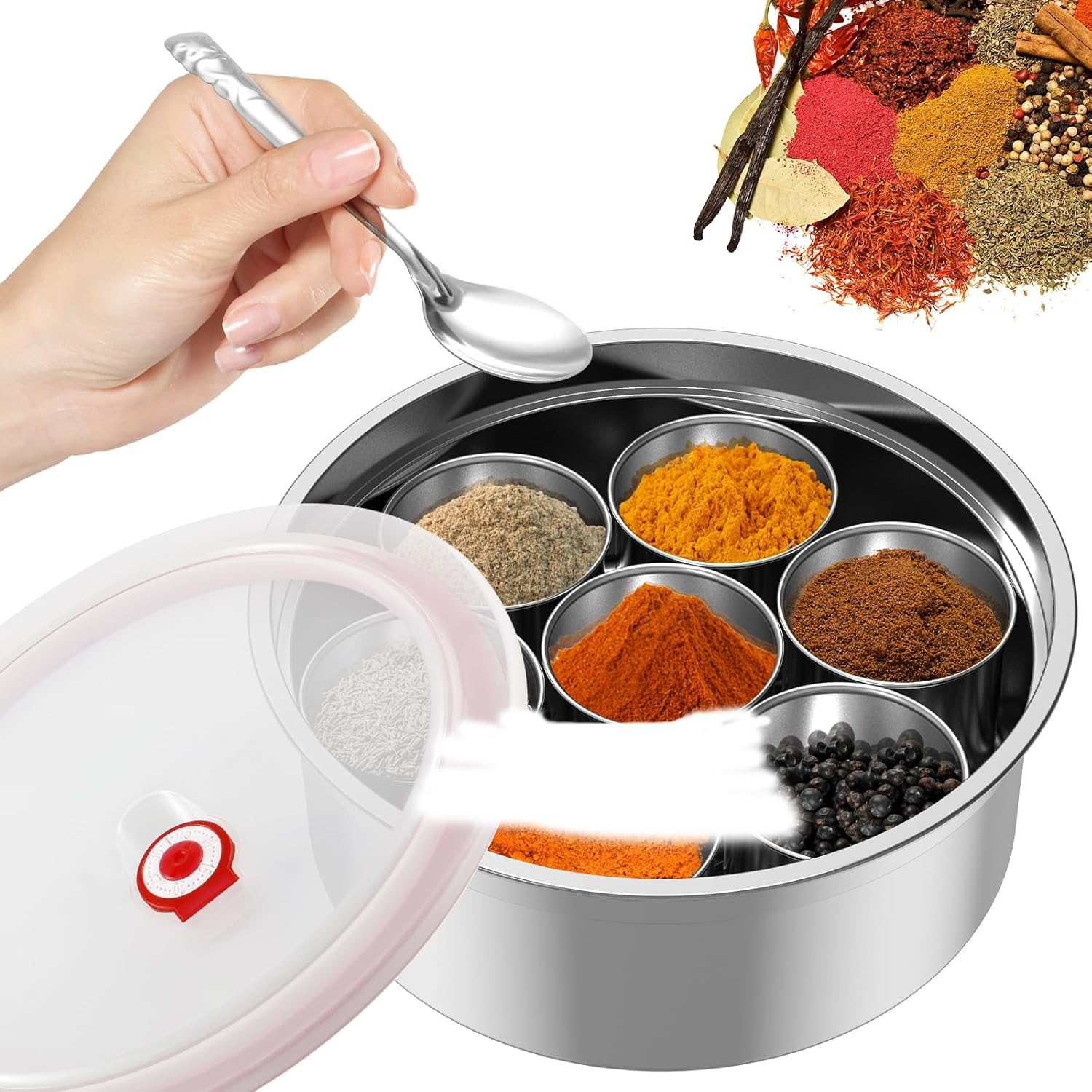 Masala Dabba Spice Box Stainless Steel Spice Containers Masala Dabba with 7 Compartments Indian Spice Box with Transparent Lid Indian Masala Dabba with Spoon 9.8&times;3.7Inch Kitchen Spice Storage Box ... image number 6