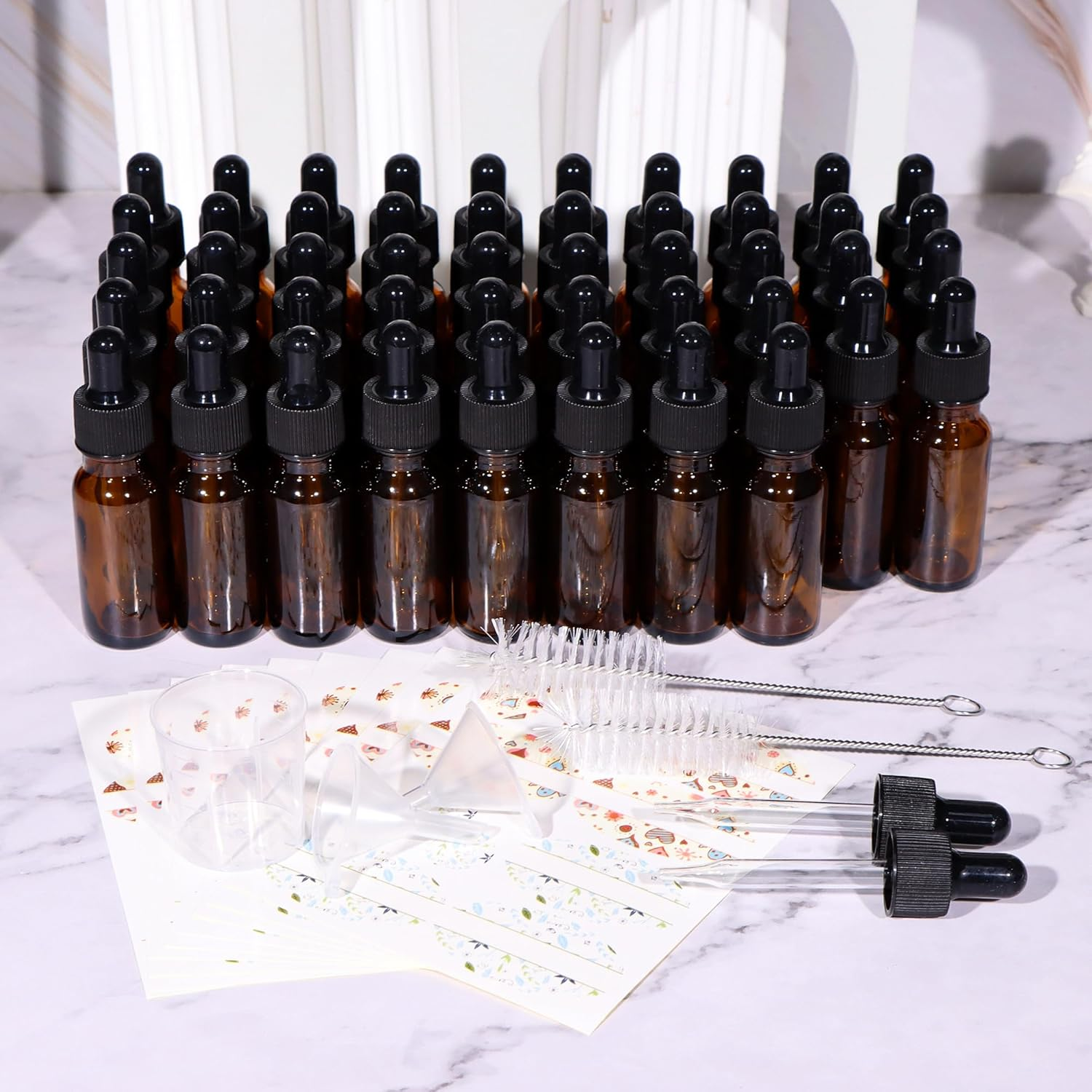 HWASHIN 48 Pack 1/2 Oz (15Ml) Amber Glass Bottles with Glass Eye Droppers for Essential Oils, Perfumes & Lab Chemicals (Brush, Funnels, 2 Extra Droppers, Labels & Measuring Cup Included) image number 5