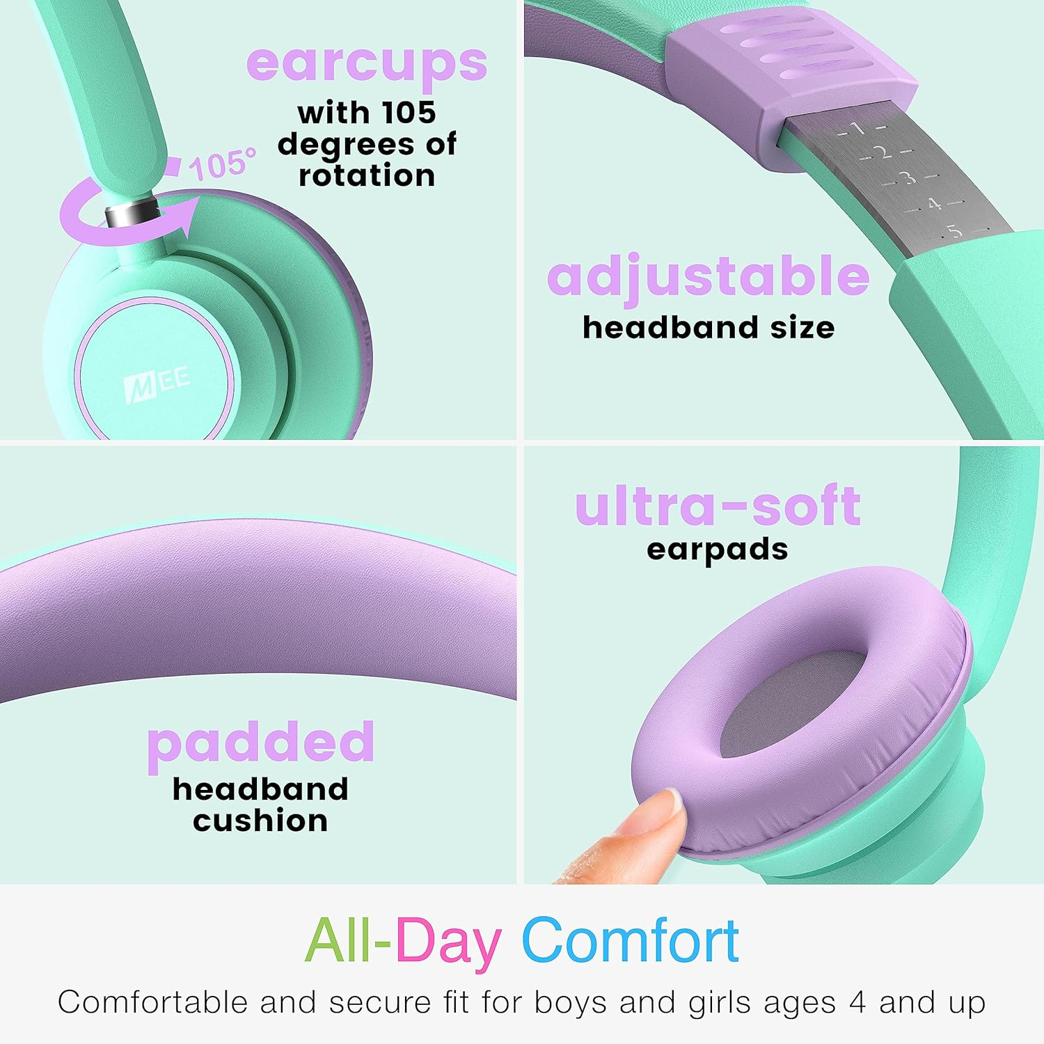 MEE Audio Kidjamz KJ45 Children&rsquo;S Safe Listening Headphones with Volume Limiter & Microphone, Adjustable On-Ear Kids Headset Wired W/3.5Mm Jack for Online Learning/School/Travel/Tablet (Mint/Lavender)