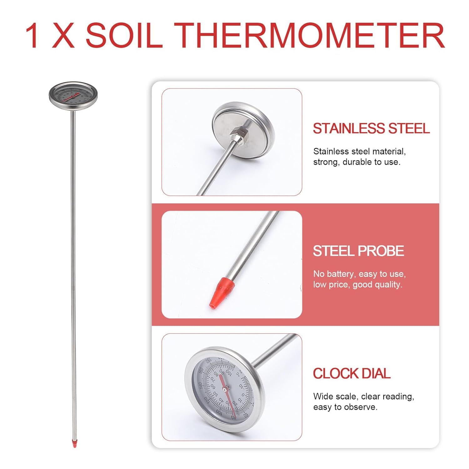 Extended Probe Soil Thermometer with Stainless Steel Sensor Accurate Temperature Detector for Gardening Compost Indoor Outdoor Plant Growth Monitoring