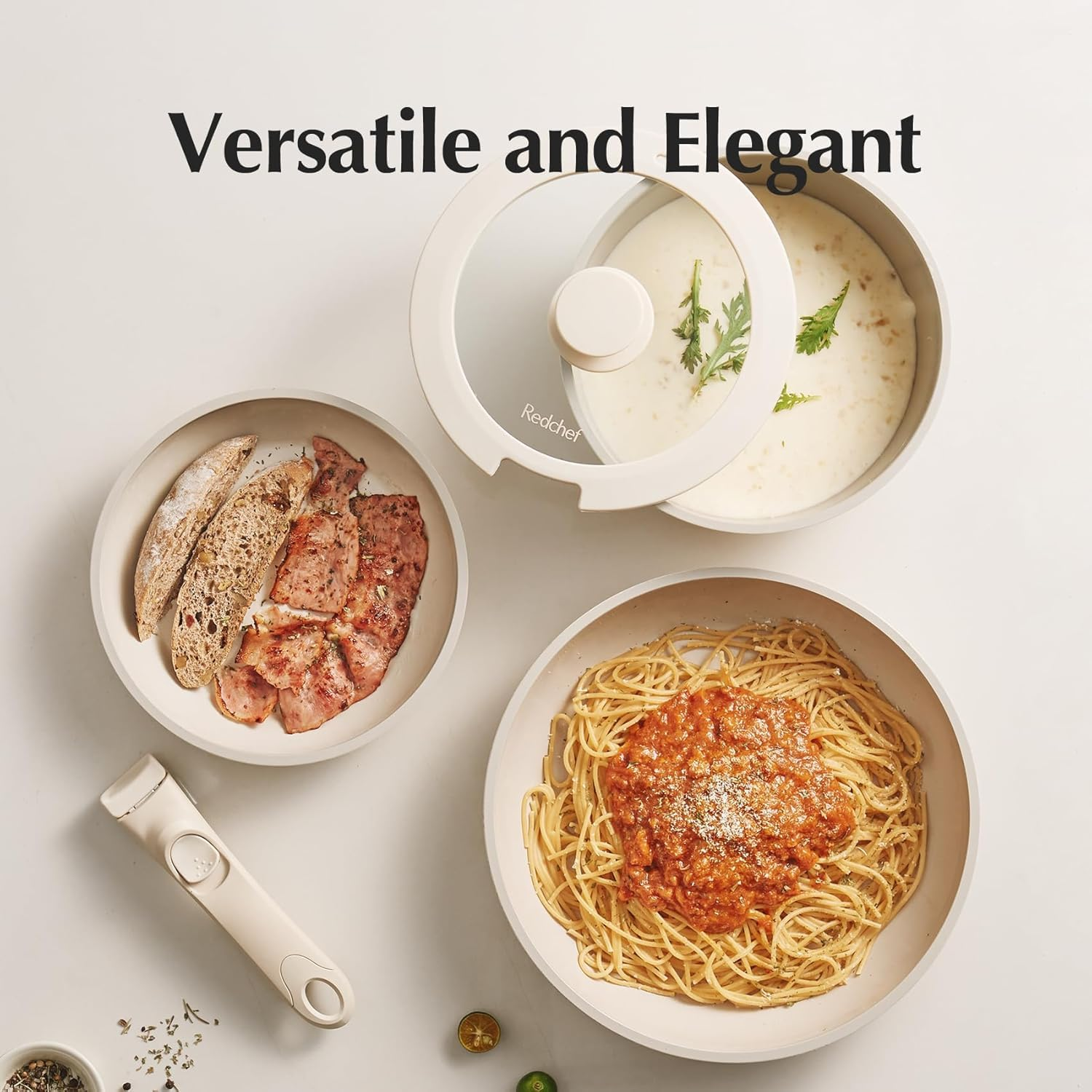 PTEROMYS Ceramic Pots and Pans Set Non Stick, Non Toxic Pots and Pans Set Non Stick Frying Pans, Detachable Handle Pots and Pans 5 Piece. (White) image number 5