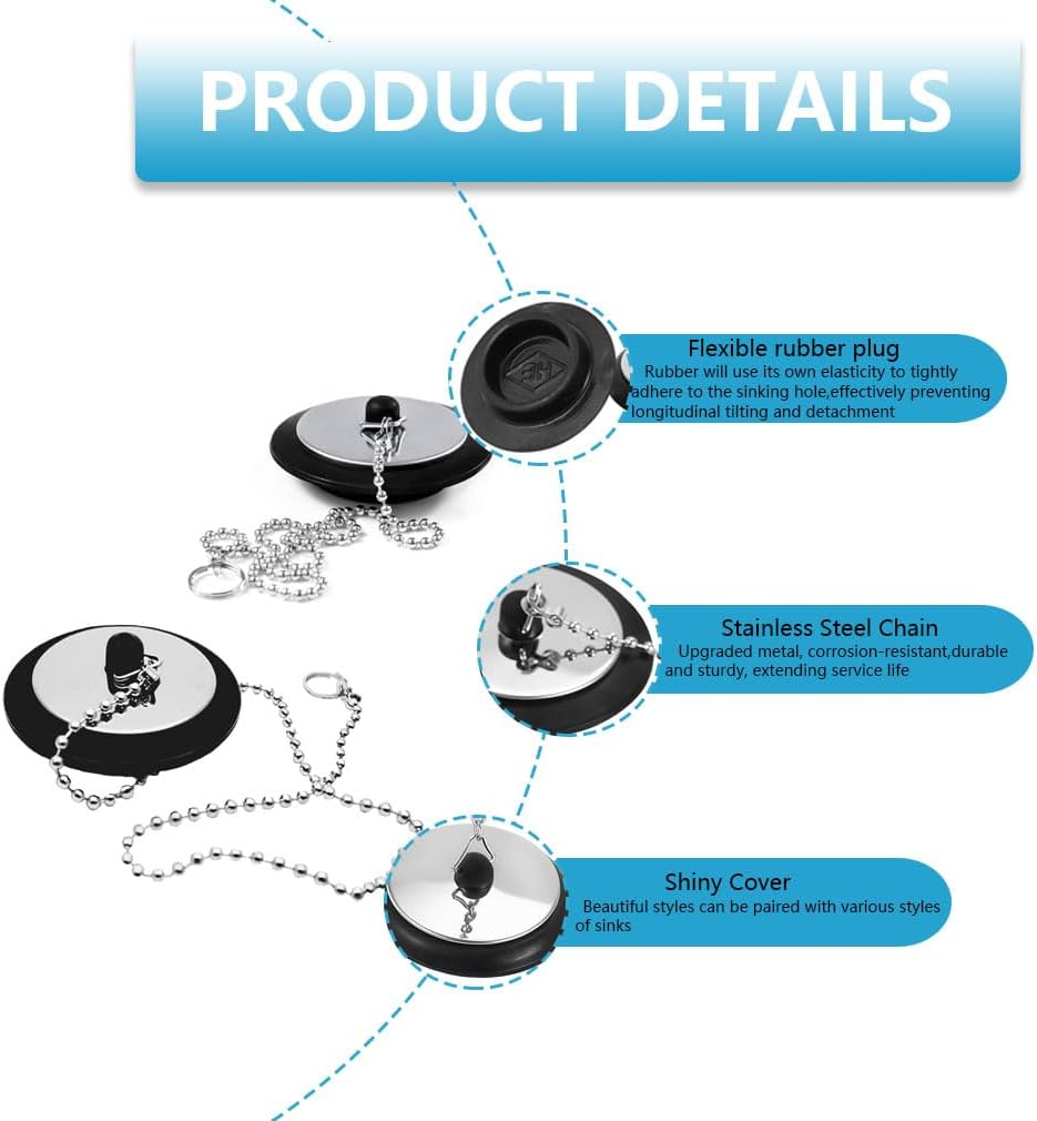 Universal Bath Plug with Chain, Bath Plug Replacement, Bathroom Sink Plug Replacement, Drain Stopper for Bathroom and Kitchen, 42 Mm to 45 Mm image number 1