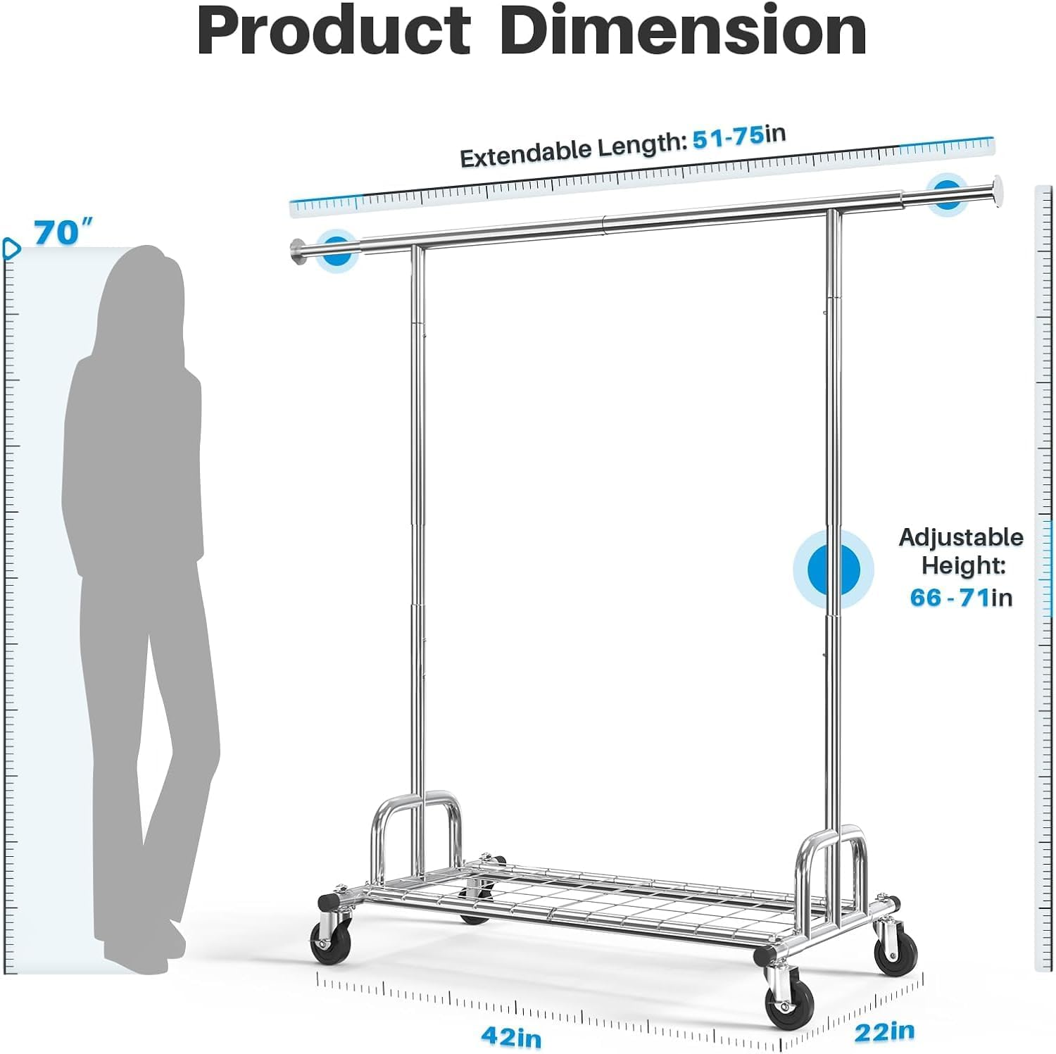 Heavy Duty Clothes Rack, Rolling Clothing Rack with Shelves Load 620 LBS, Double Rod Clothing Racks for Hanging Clothes, Portable& Adjustable (1-Heavy Duty Rack) image number 4