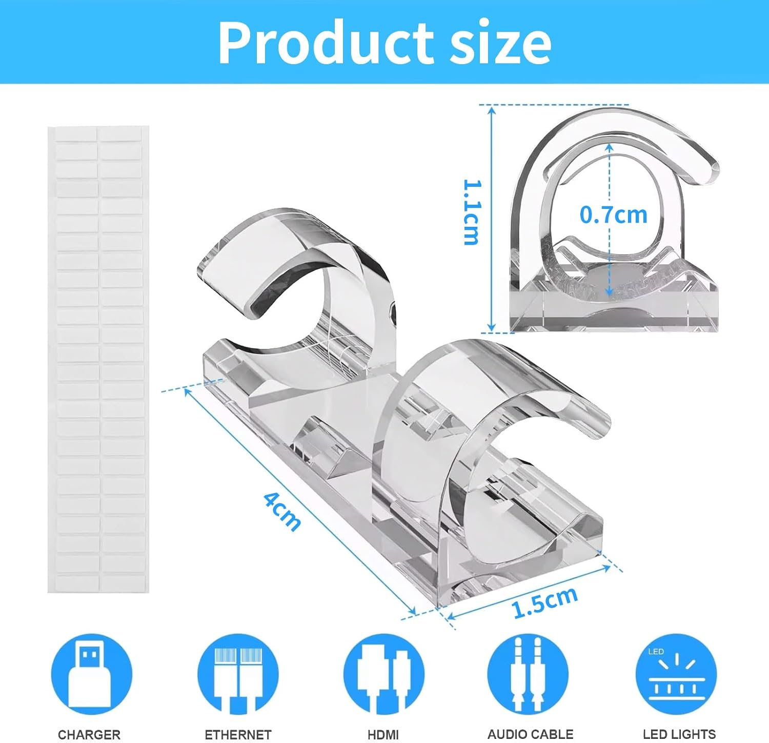 Rhoyee 50 PCS Clear Cable Clips with Strong Adhesive &ndash; Wire Holder Cord Organizer for Wall, Desk, Car, Home Office &ndash; Self-Adhesive Cable Management Clips for TV, PC, USB Cords (1.57X0.59X0.45In) image number 5