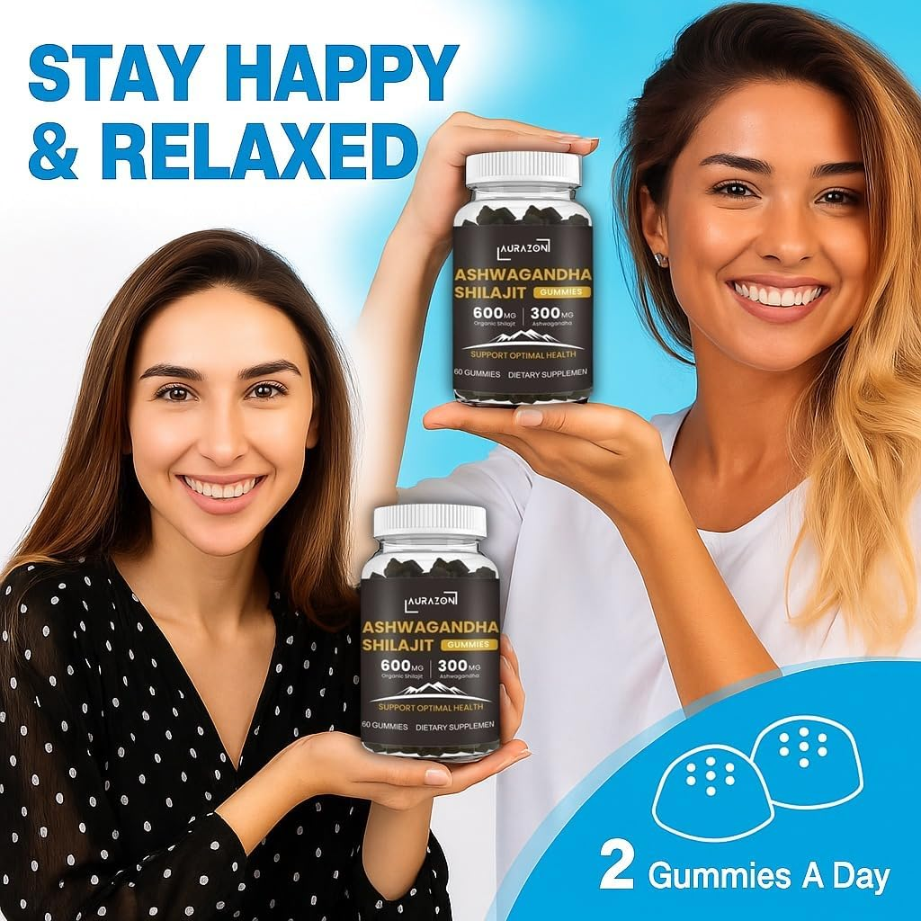 Aurazon Pure Himalayan Shilajit Ashwagandha High Strength Gummies Relax,Restore & Mixed Vegan, Plant Based, Non-Gmo, Gluten-Free & Gelatin,One Month Supply for Both Men and Women image number 4