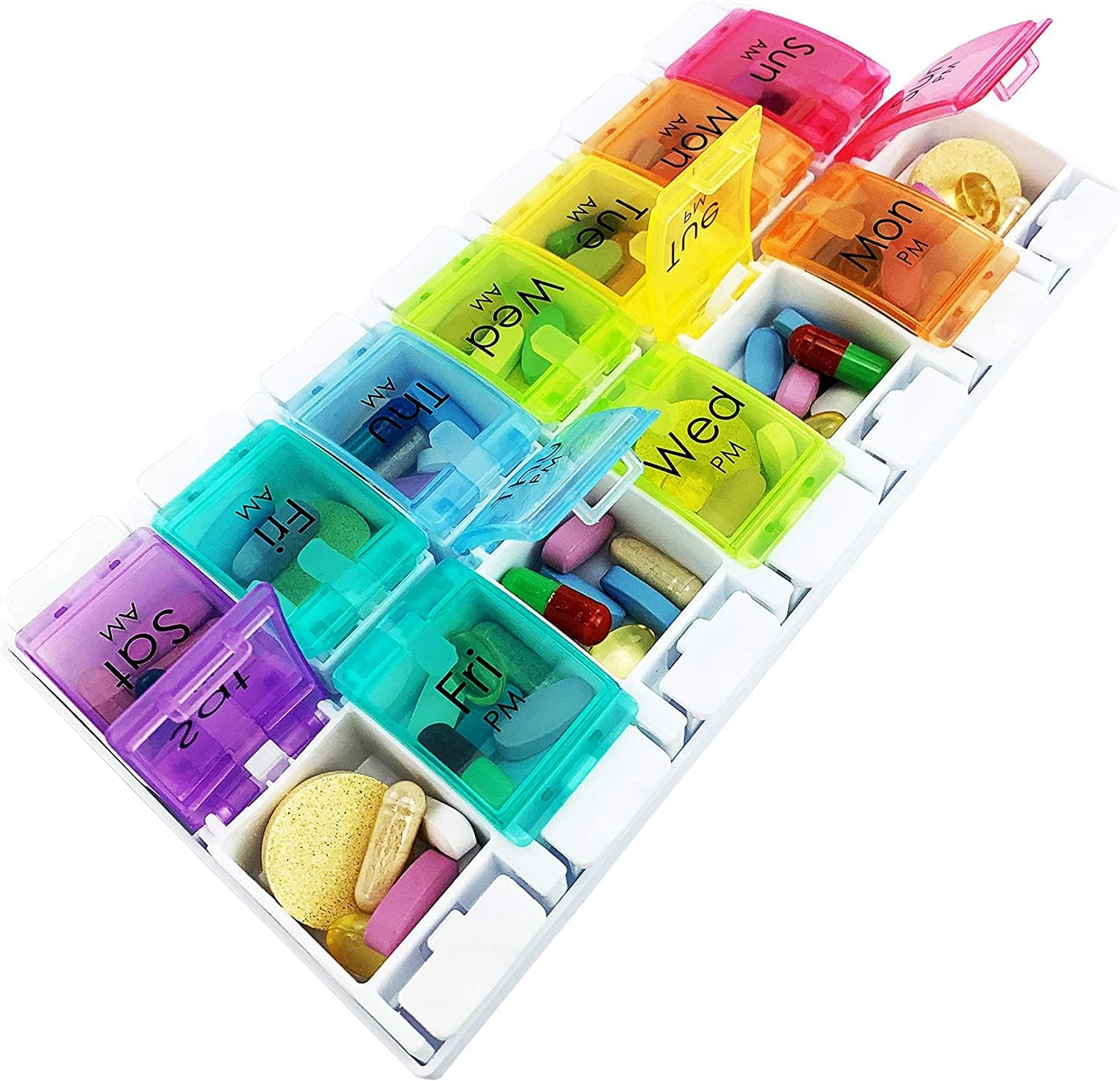 AM PM Weekly 7 Day Pill Organizer (Twice-A-Day)， Large Daily Pill Cases with Easy Push Button Design for Pills/Vitamin/Fish Oil/Supplements - Rainbow image number 2