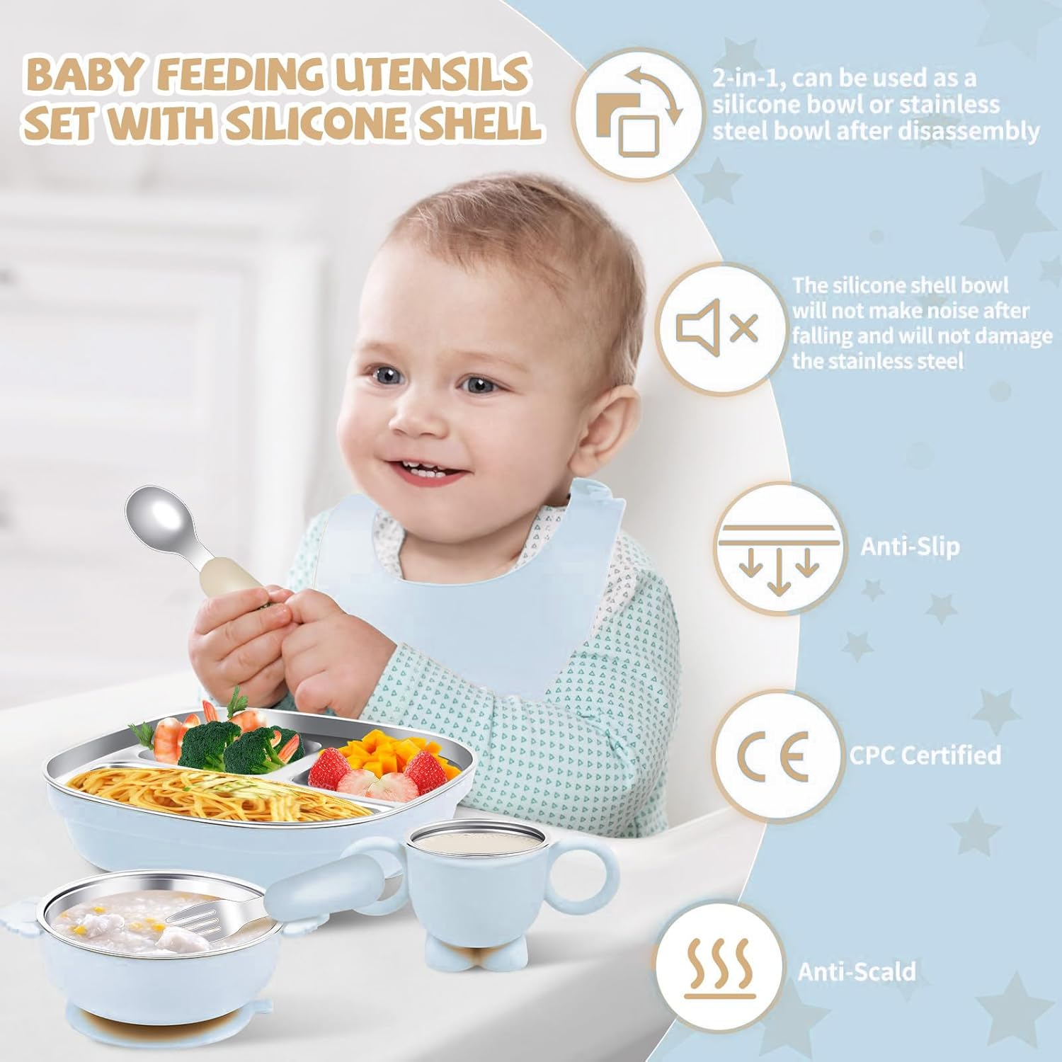 6-In-1 Blue Stainless Steel Kids Plates and Bowls, Contain Deep-Divide Toddler Plates, Bowls, Cup, Utensils & Bib &ndash; Bpa-Free 304 Steel + Silicone Suction &ndash; Dishwasher Safe image number 2