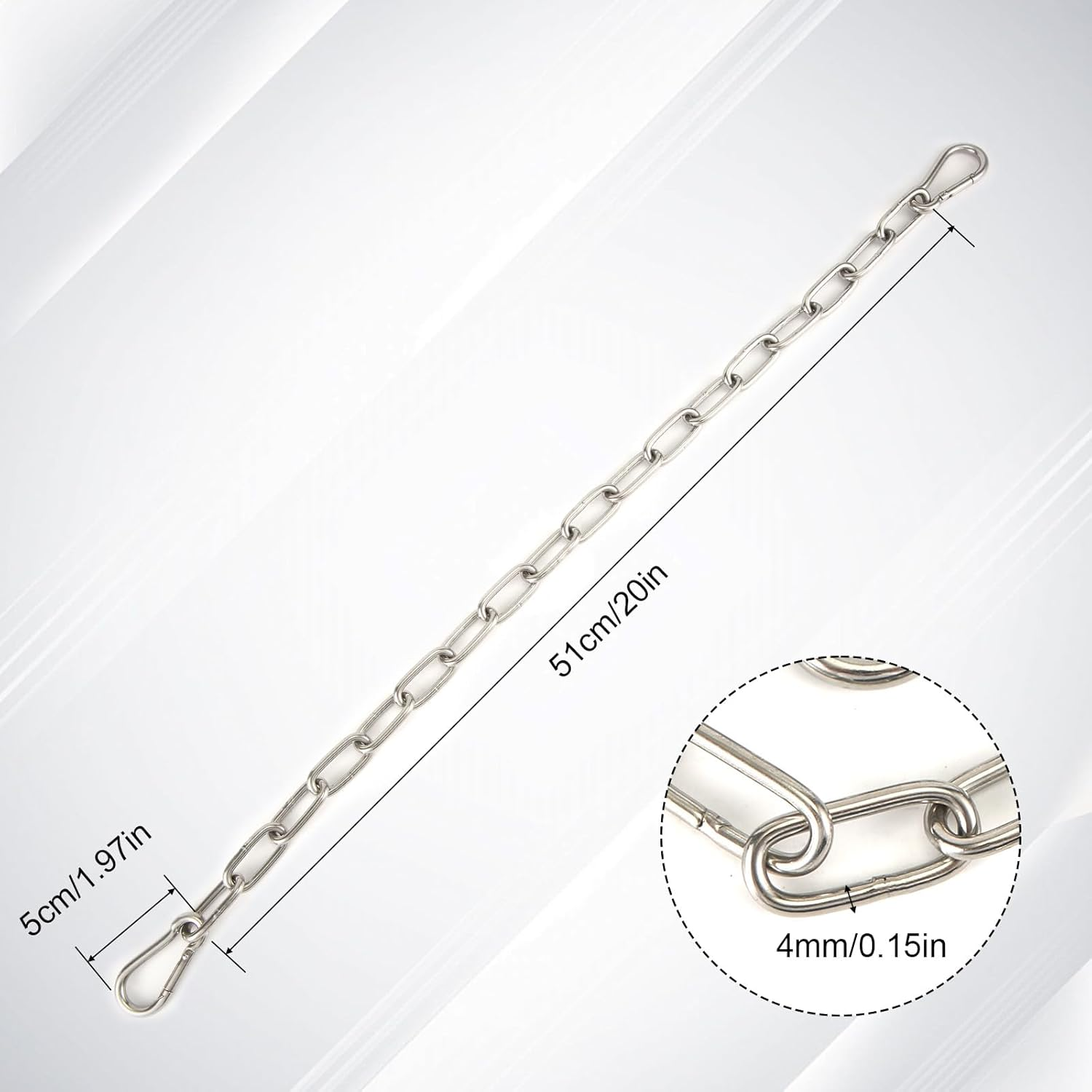 Gate Chain Lock for Outdoor Fence, 20 Inch Stainless Steel Gate Link Chain Latch with Double-Ended Carabiners for Pet Cages, Horse Goat Cow Corral Supplies (4Mm Thick)