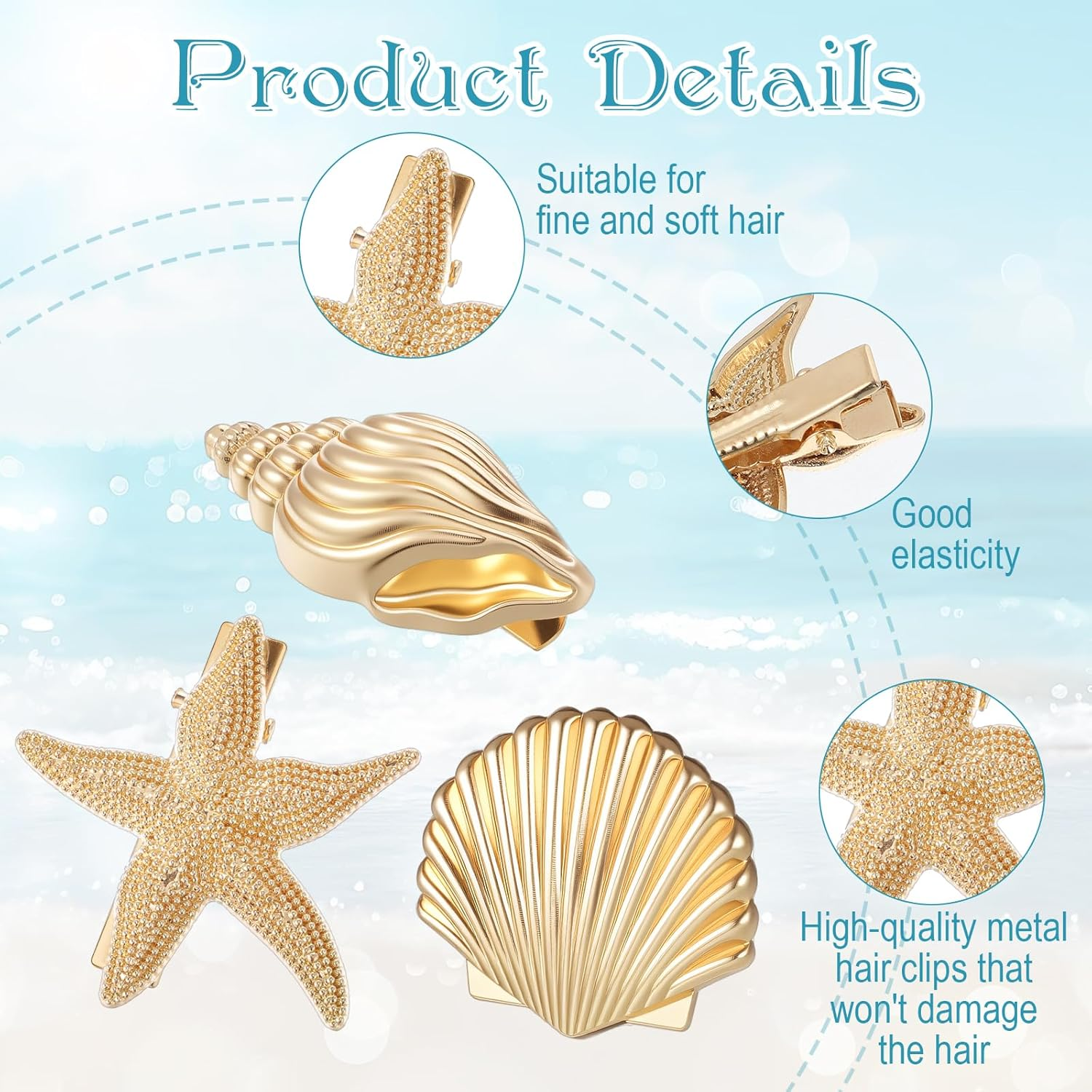 XLIUAX Pack of 6 Golden Sleeve Starfish Shell Hair Clips, Small Metal Hair Clips, Alligator Clips for Women and Girls, Party, Daily Life, Leisure, Beach Party image number 5