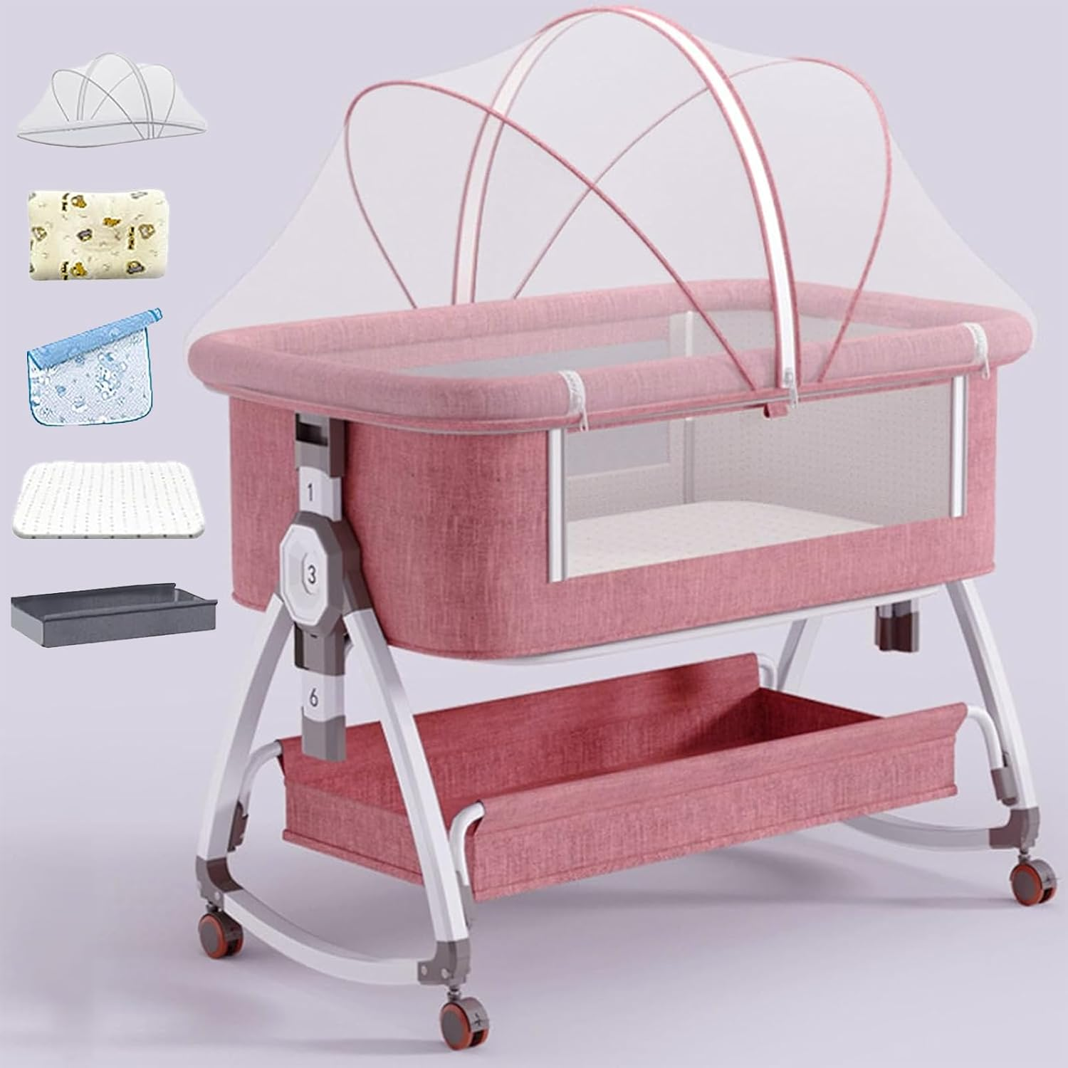 Hoxue 4 in 1 Baby Bassinet Crib,Portable Bassinets Bedside Sleeper with Comfy Mattress Storage Basket and Mosquito Net,Pillow,Summer Sleeping Mat,Height Adjustment Rocking Bedside Crib (Pink) image number 5