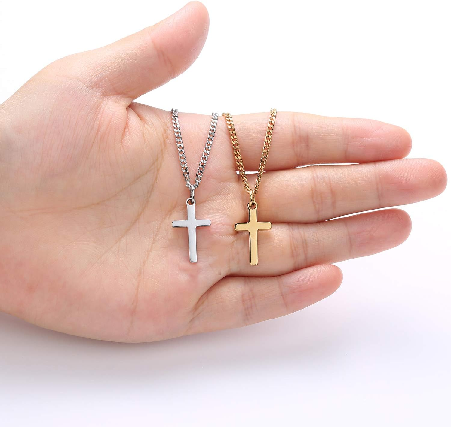 TASBERN Cross Necklace for Men Stainless Steel Silver Polished Plain Small Cross Pendant Necklace for Son Boy Women 16-24 Inches Cuban Chain image number 1