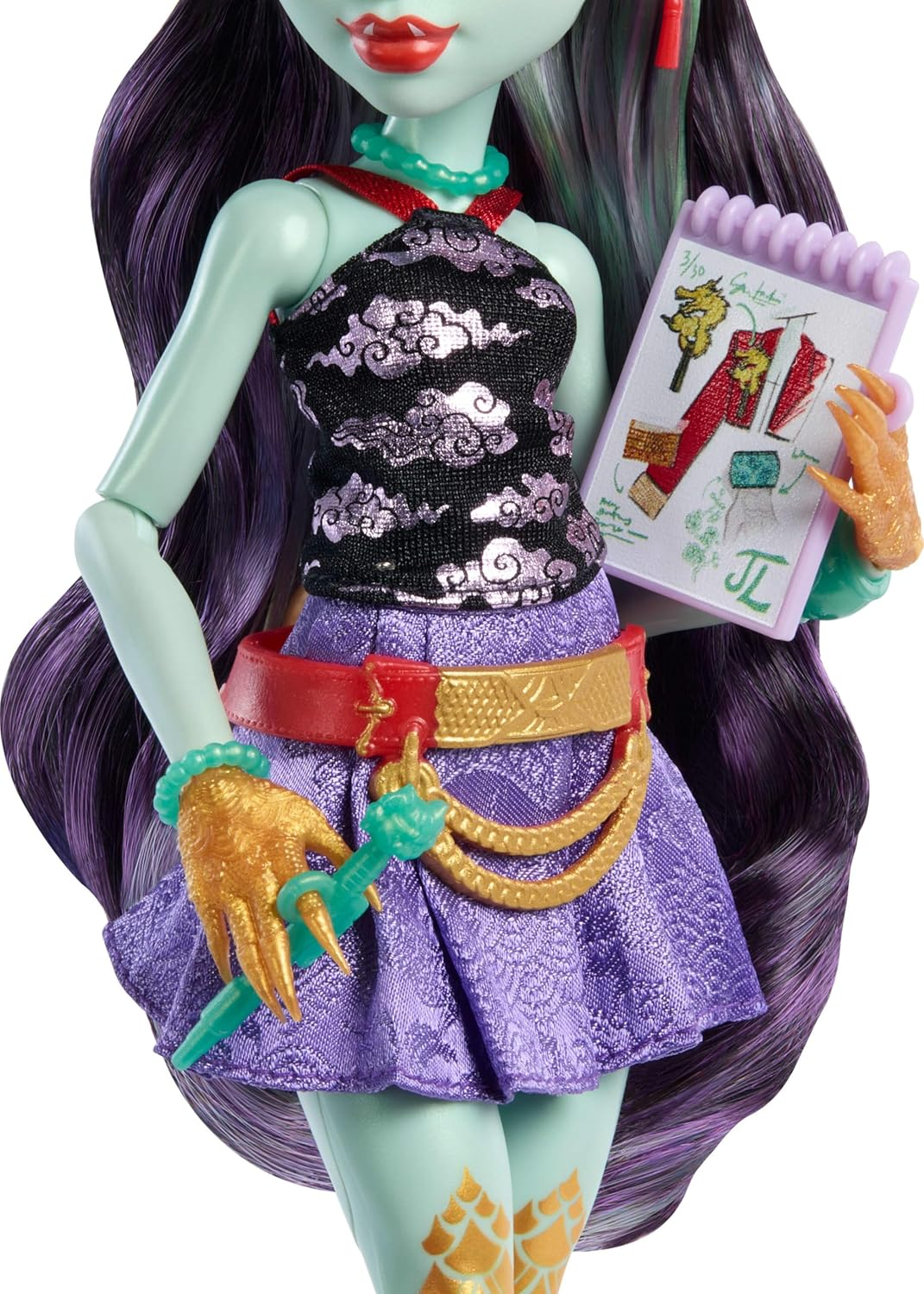Monster High Jinafire Long Doll, Dragon with Pet Dog Cloudy &ldquo;Yun Yun&rdquo; and 7 Accessories like Sketch Pad, Yogurt Drink, Backpack and More image number 5