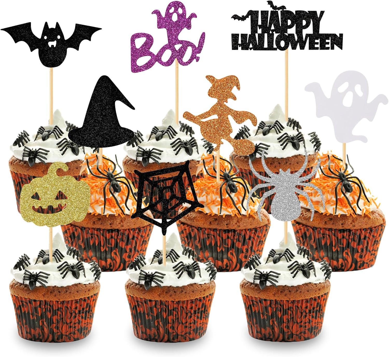 45 PCS Halloween Cupcake Topper Glitter Ghost Boo Witch Hat Bat Pumpkin Spider Cupcake Picks for Baby Shower Kids Birthday Horror Movie Theme Party Cake Decorations Supplies image number 5