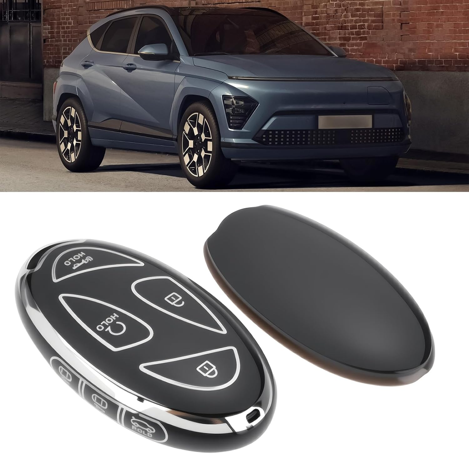 LT Easiyl 2Pcs 7-Button Key Fob Cover Compatible with Hyundai Loniq 6 5 Compatible with Kona SX2 EV (Black Silver Edge) image number 1