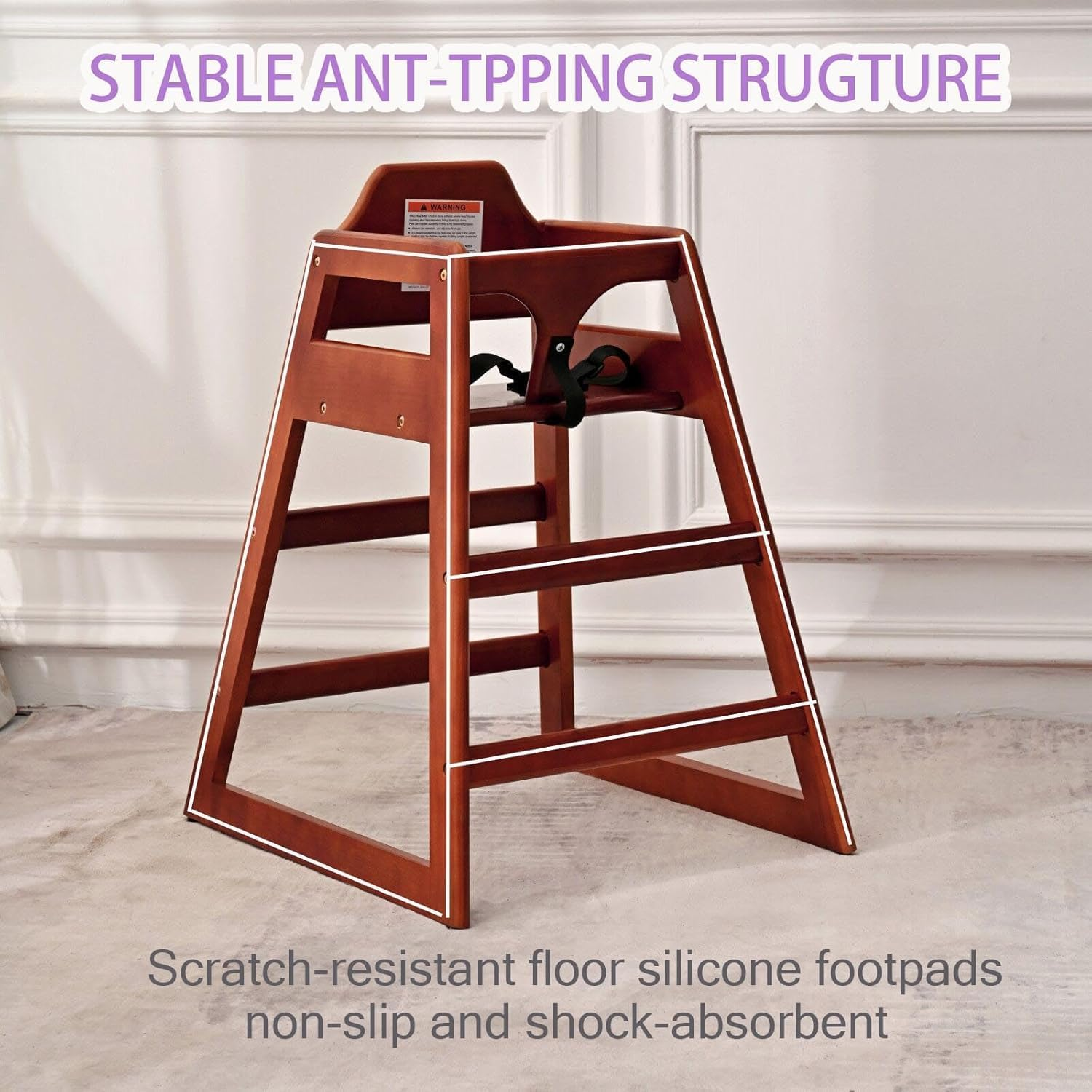 Kapeicamper Wooden High Chair for Toddlers, Portable Baby Feeding Chair with Adjustable Straps, Natural Pine High Chair, Highchair for Dining Room, Kitchen (Walnut) - Natural image number 5