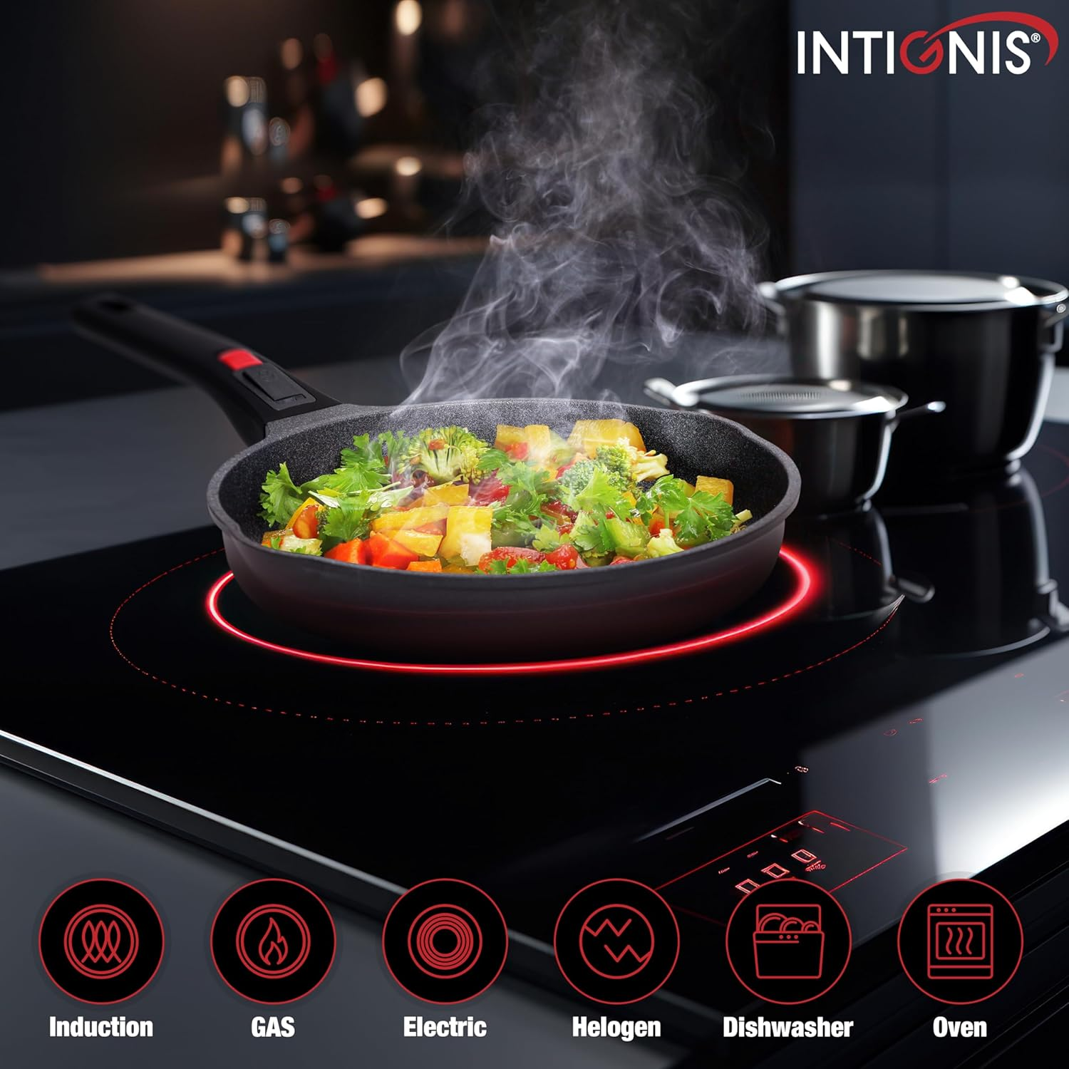 INTIGNIS Frying Pans | Heavy Duty | Scratch Resistant | Detachable Handles | Induction, Gas, Electric Hobs Safe | Chemical Free Super Non-Stick |Ultimate Kitchen Cookware with Easy Cleaning image number 1