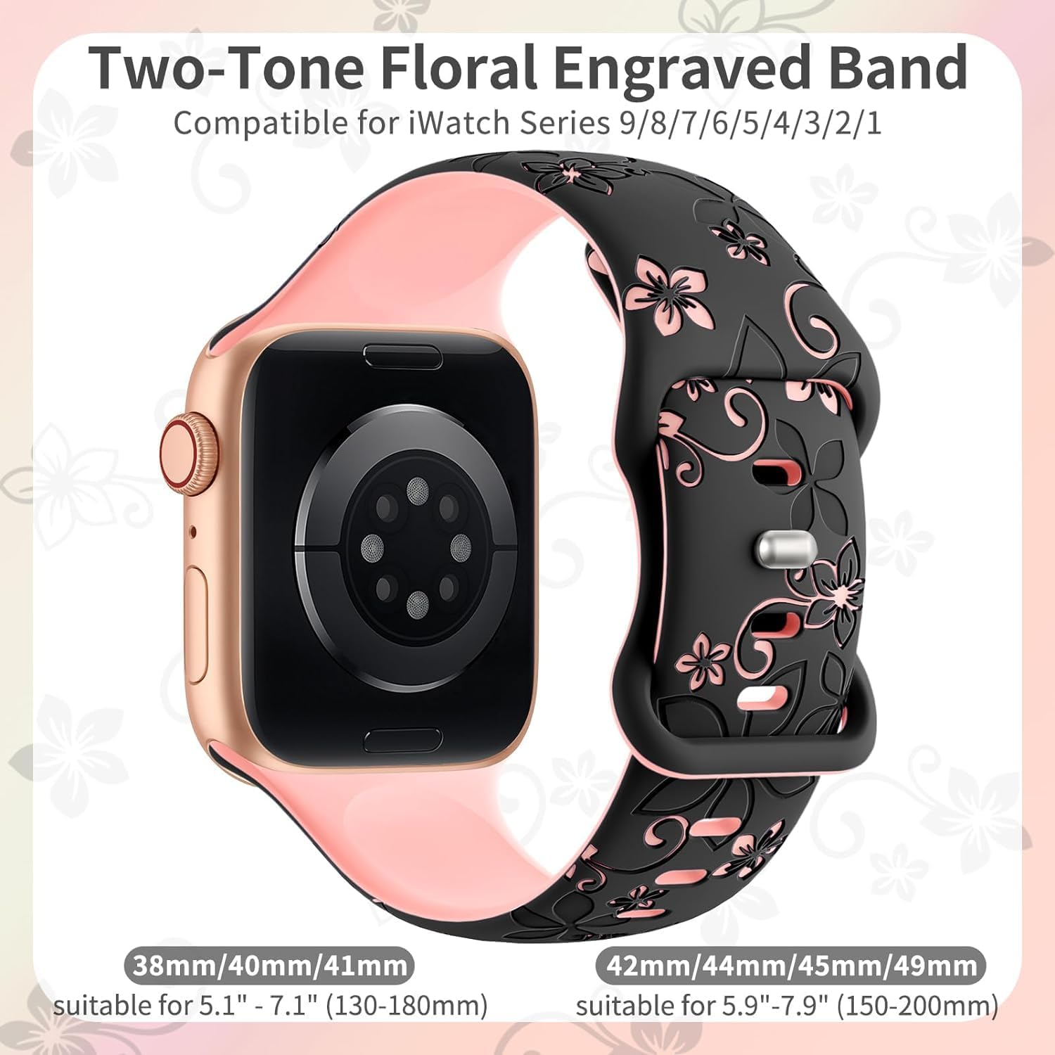 Floral Engraved Bands Compatible with Apple Watch Band 41Mm 40Mm 44Mm 45Mm 42Mm 38Mm 49Mm for Women,Cute Flower Iwatch Bands Soft Silicone Sport Strap for Iwatch Series SE 9 8 7 6 5 4 3 2 1 Ultra - Black/White image number 6