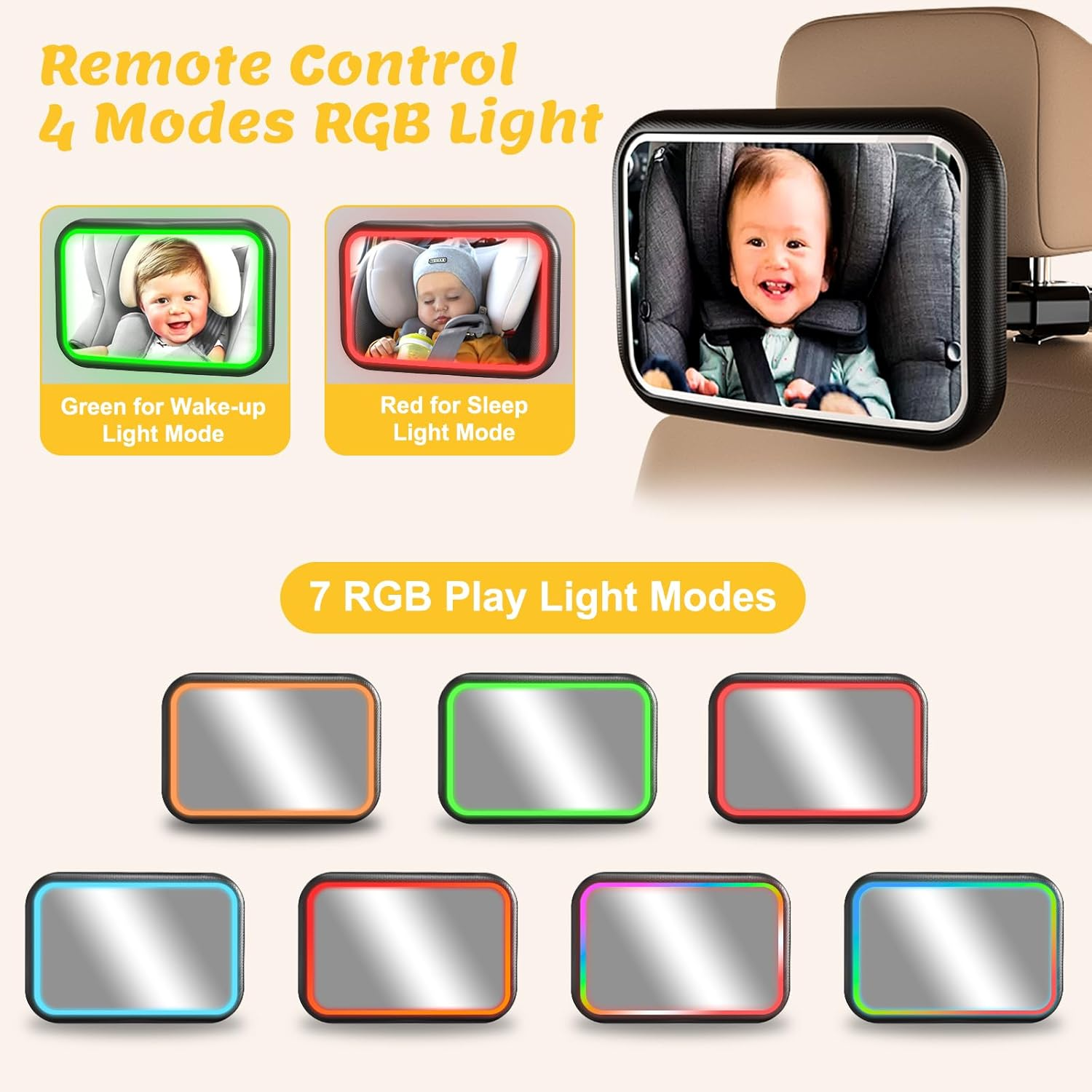 Baby Car Mirror with Light, 11 LED Modes, 360&deg; Rotatable, Remote Control, Wide Angle, Shatterproof, Easy Install, Black, Rear Car Mirror image number 6