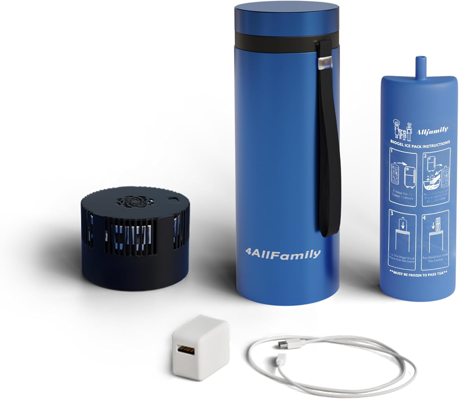 4ALLFAMILY 72 Hours 7 Pen Medical Insulin Cooler Travel CASE USB Charger + BIOGEL Ideal Diabetic Medicine Portable Insulina Carrying Bag TSA Approved Medication Bottle Diabetes Storage Vial (BLUE)