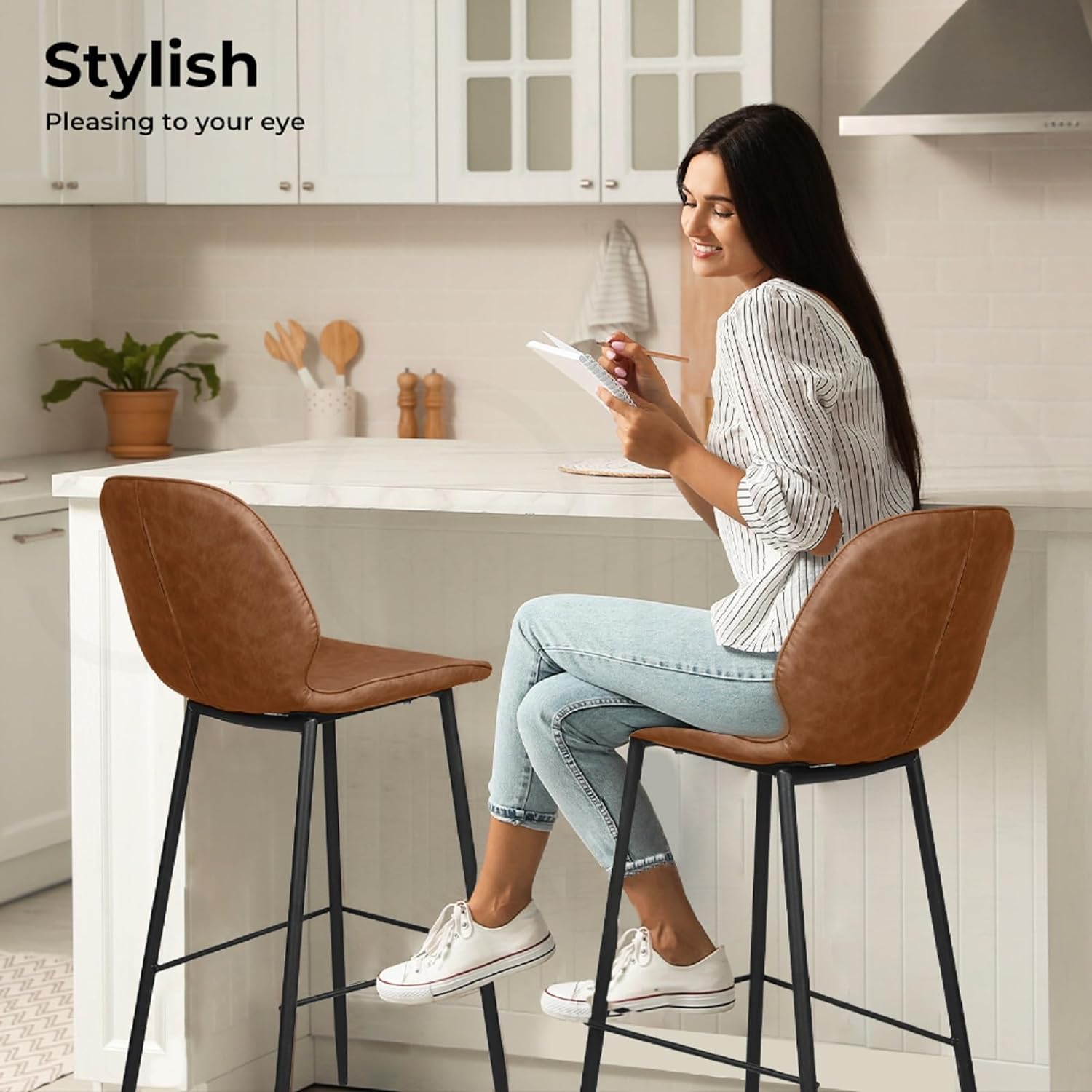 LEVEDE Bar Stools Set of 2, Bar Chairs with Backrest and Footrest, PU Leather Dining Chairs Indoor Outdoor, Kitchen Counter Stools for Home Bar, Dining Room, Living Room, Cafe (Brown) - Grey image number 2