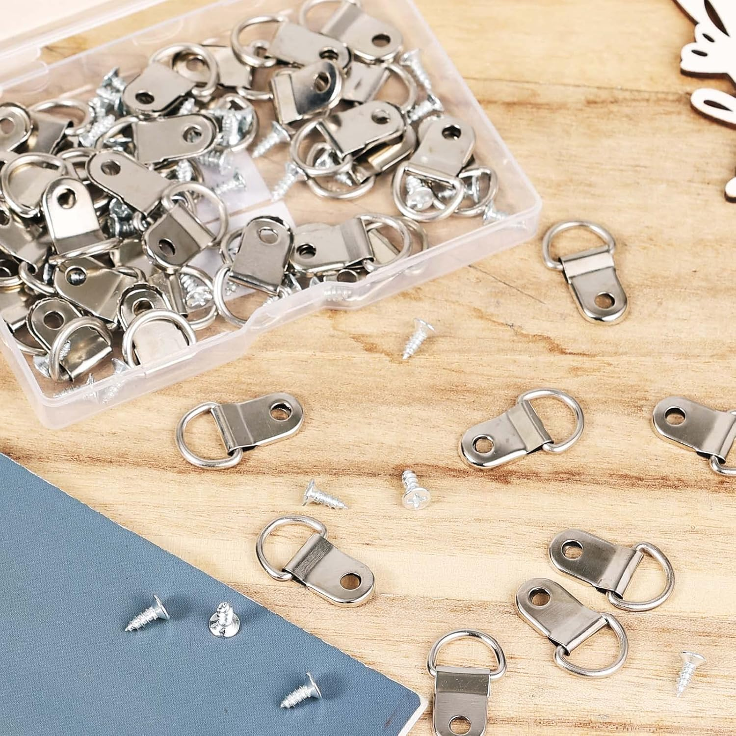 50Pcs D Ring Hangers, Heavy Duty D-Ring Picture Hangers Kit with 50Pcs Screws Nickel Plated Picture Frame Wire Kit for Wall Decor Mirror Art Gallery image number 2