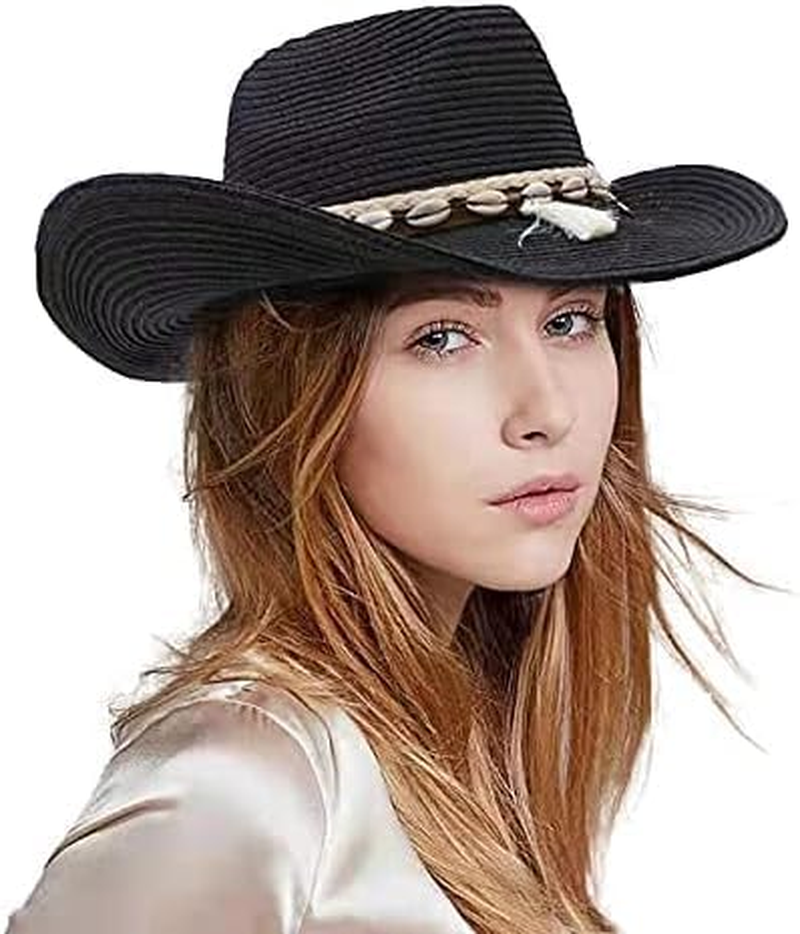 Women Men&rsquo;S Cowboy Hat Western Summer Straw Hat for Girls with Wide Brim & Shell Tassels Trendy Lady Beach Sun Hats