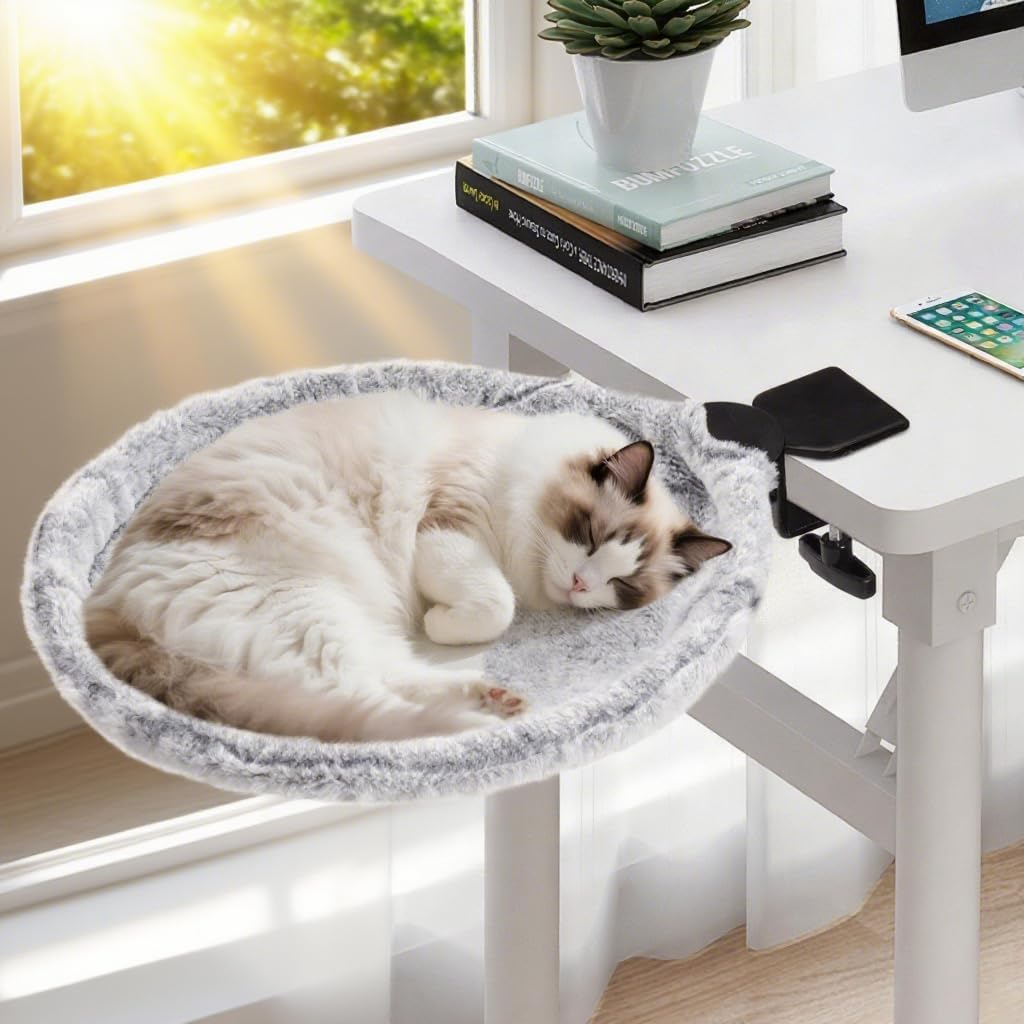 Uross Cat Desk Bed - 180&deg; Rotating Soft & Comfortable Rabbit Fur Bed Cat Hammock, Modern Indoor Cat Nest Furniture for Office Desks and Game Tables, Island Table-Supports 23 KG (Lightgrey) image number 4