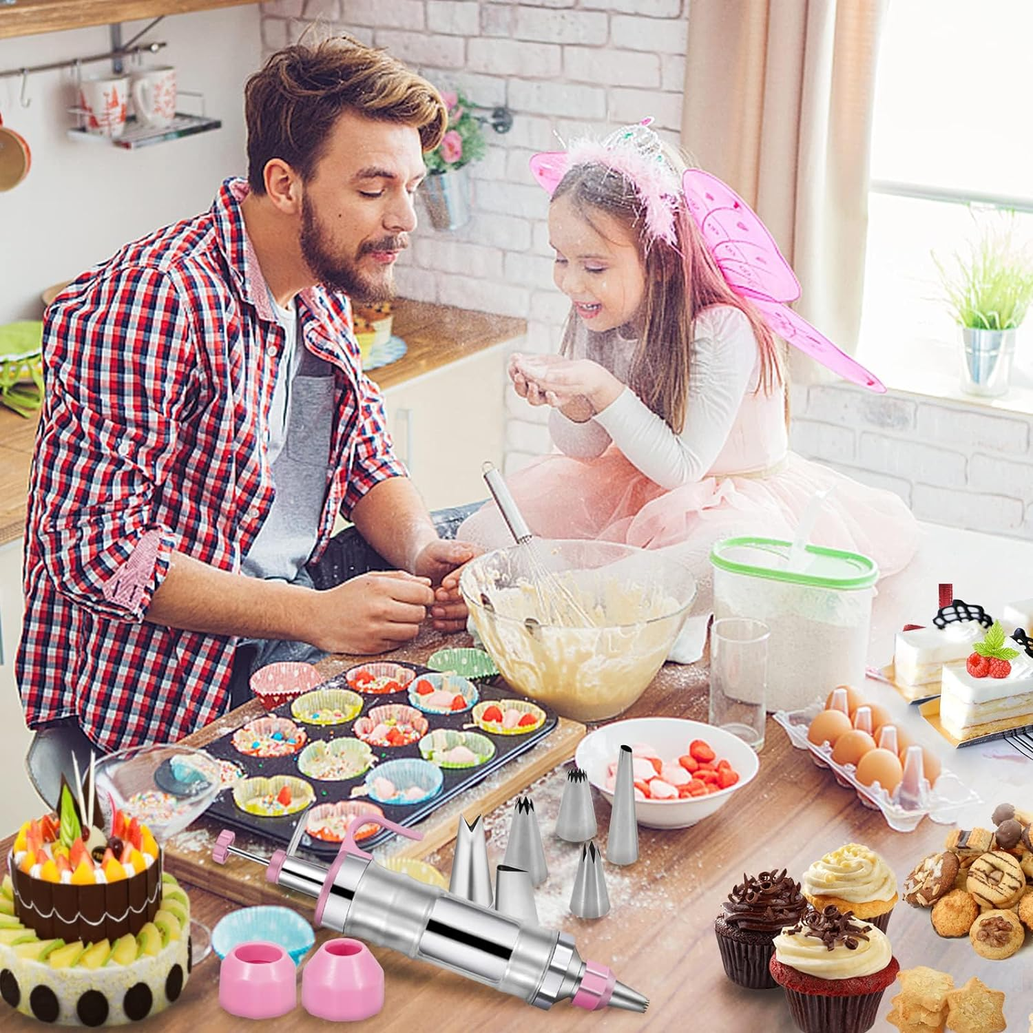 Cake Decorating Tool,16 Pcs Icing Decoration Gun Set,Dessert Decorating Syringe Tools,6 Piping Nozzles,3Cream Scrapers,3 Cupcake Molds,1Cleaning Brush,Cupcake Frosting Filling Tools(Stainless Steel)