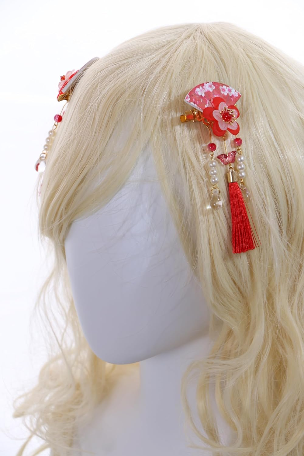 C-118-2 Red Fan Shape Sakura Cherry Blossom Tassels Hair Clip Hair Clip Hair Clip Japanese Geisha Kimono China Hanfu Accessory image number 1