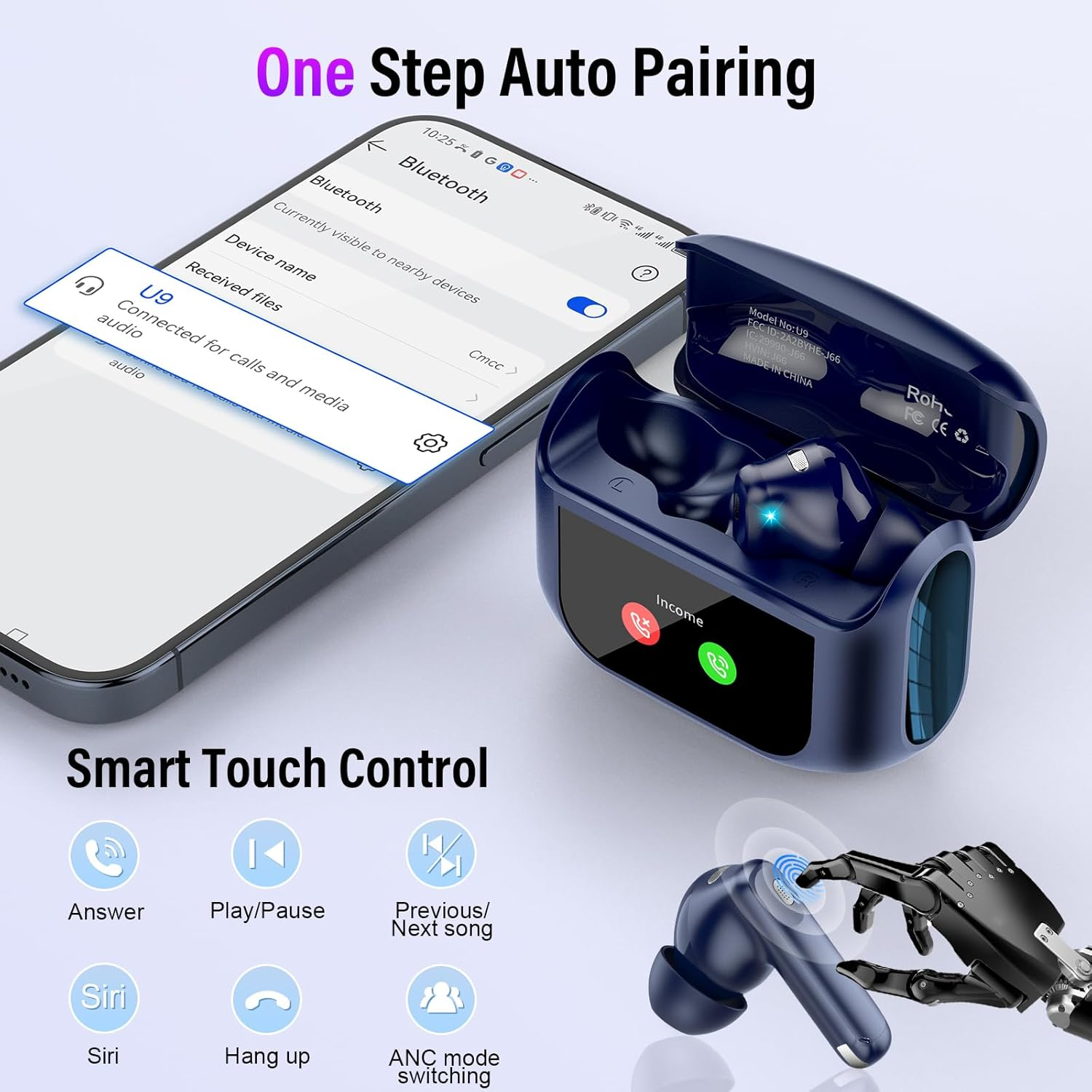 Touchscreen Bluetooth Headphones, In-Ear Headphones, Wireless Bluetooth 5.4 with ANC+ENC Noise Cancelling Mic, 48 Hours Immersive Deep Bass Earbuds, Blue image number 3