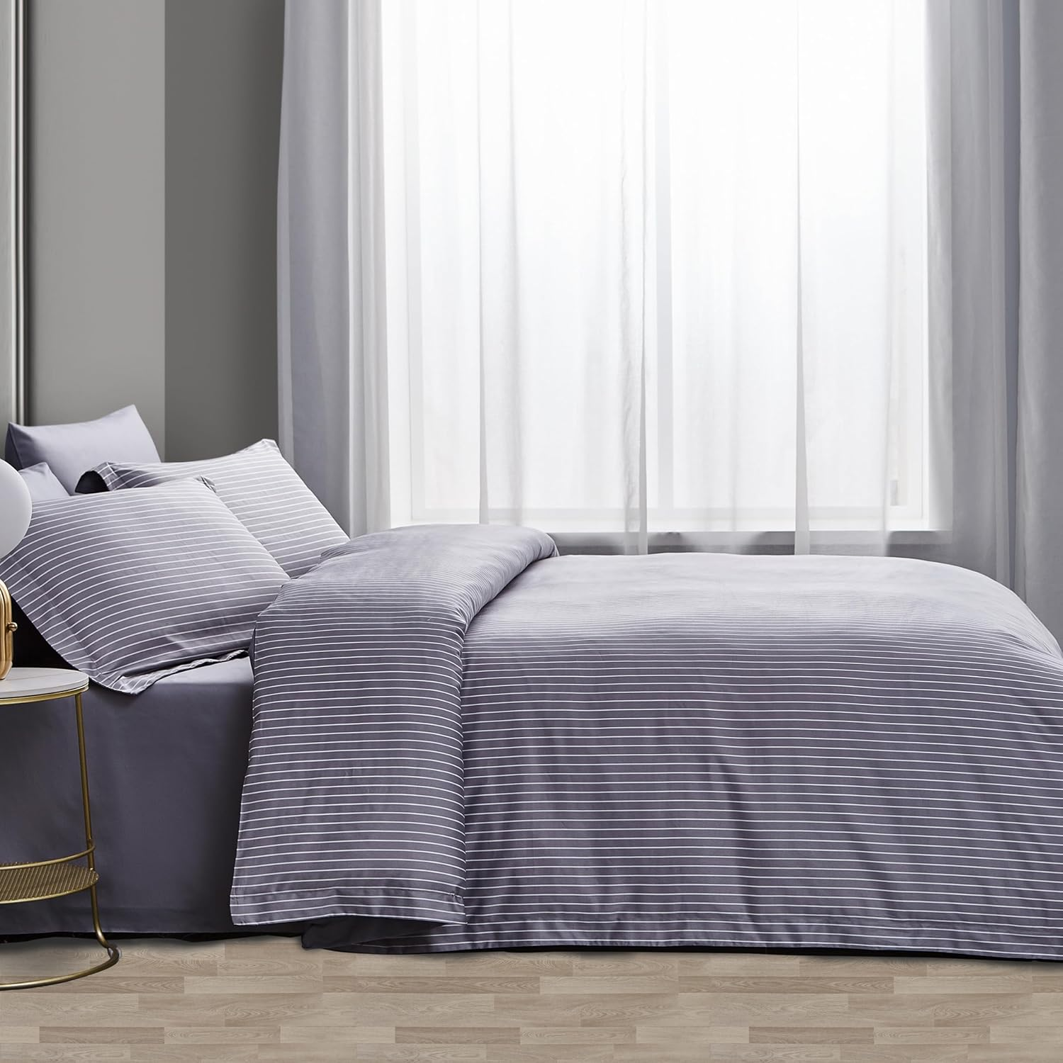 ACCURATEX Quilt Cover Set Double Size,400Tc Long Staple Cotton, Sateen Weave Percale Luxe Comforter Cover with Zipper Closure&Corner Ties,3 Pcs Hotel Duvet Cover with Pillow Shams(Striped Grey180X210) image number 5