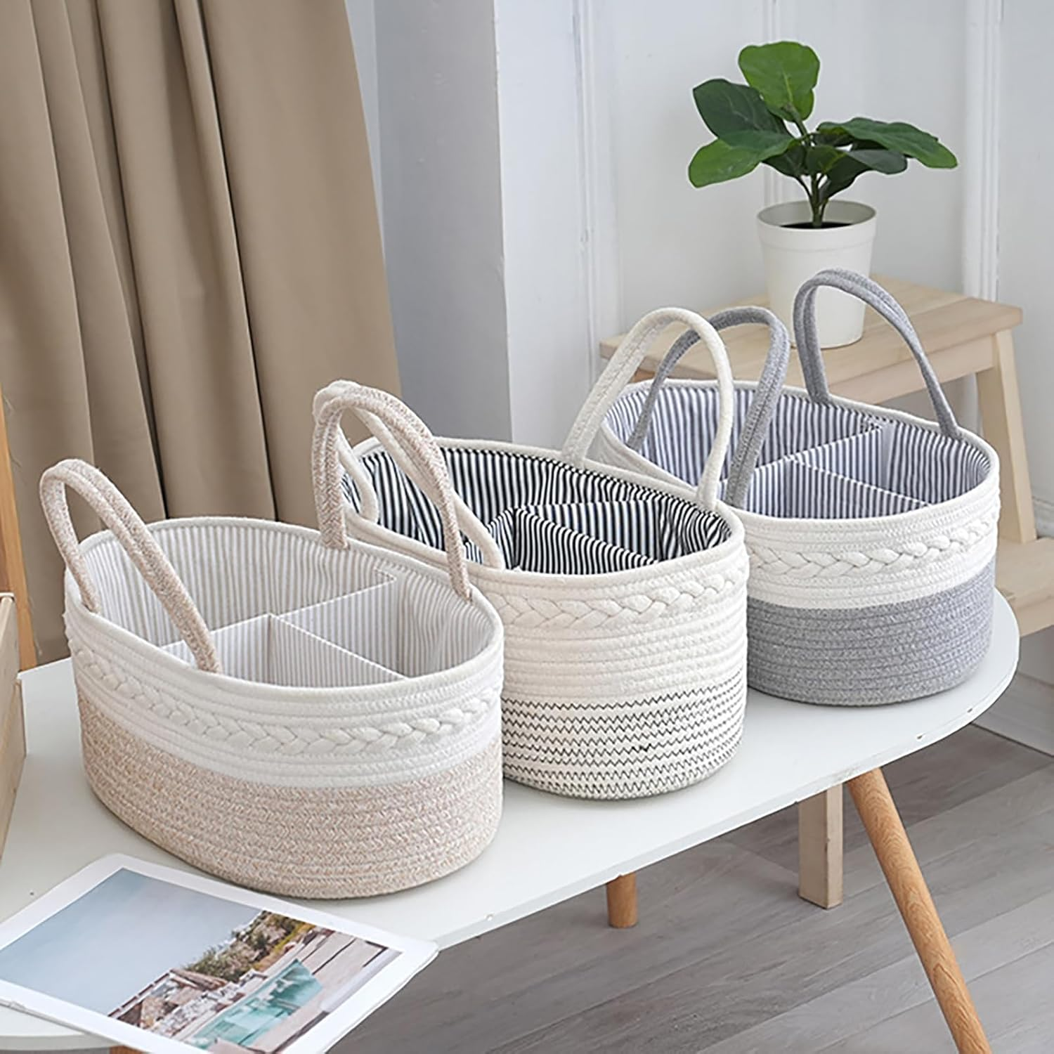 LISNSMY Baby Nappy Caddy Diaper Caddy Organizer, Baby Storage Basket for Diapers and Wipes, with Removable Inserts, Bohemian Portable Nursery Diaper Organize, 38 &times; 25 &times; 17 CM (Khaki) image number 5