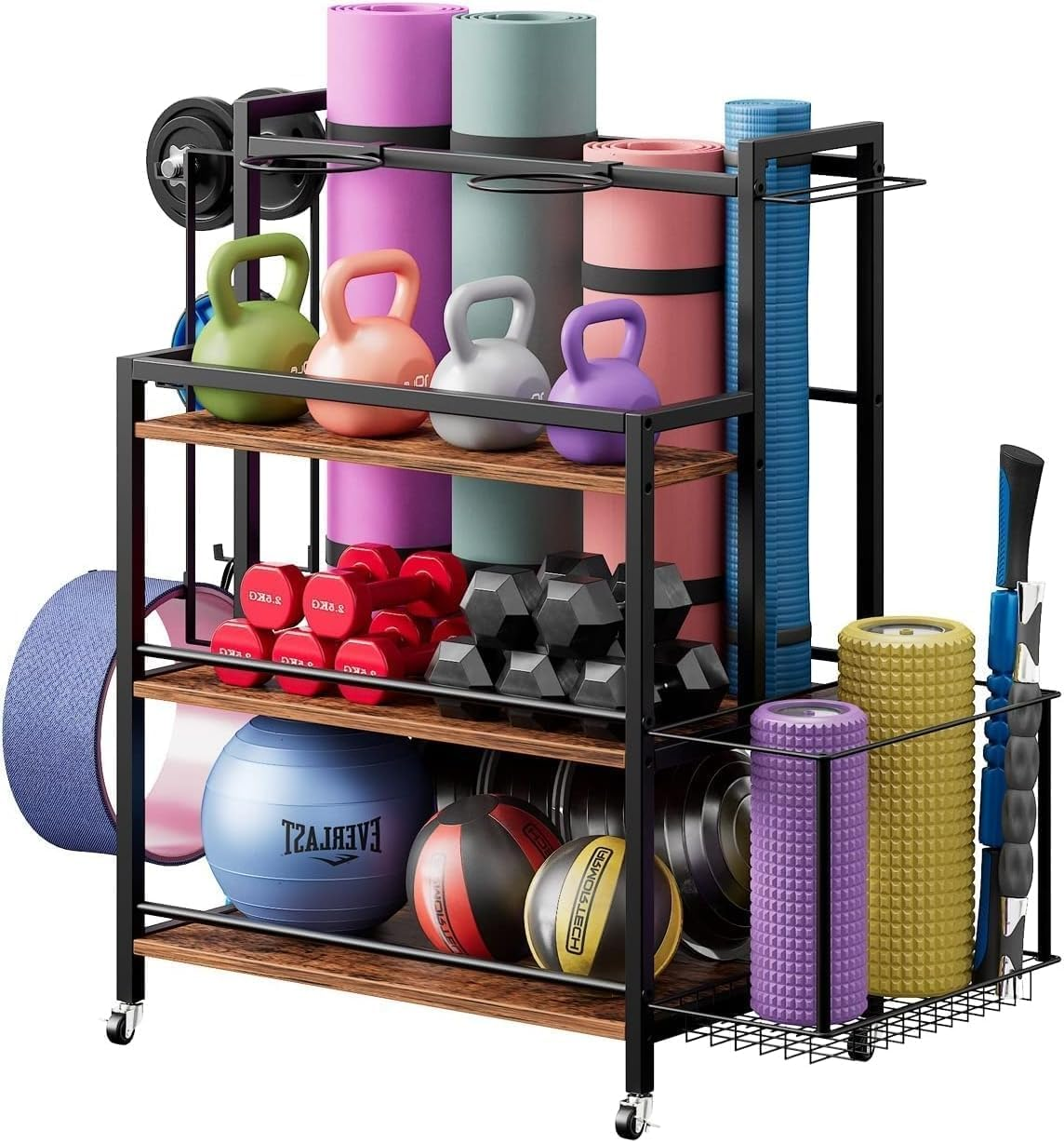 NOAEOU 40D X 70W X 93H Cm Strength Training Dumbbell Storage Racks for Home Gym, Large Capacity Organizer with Hooks and Wheels, for Exercise & Fitness Equipment image number 3