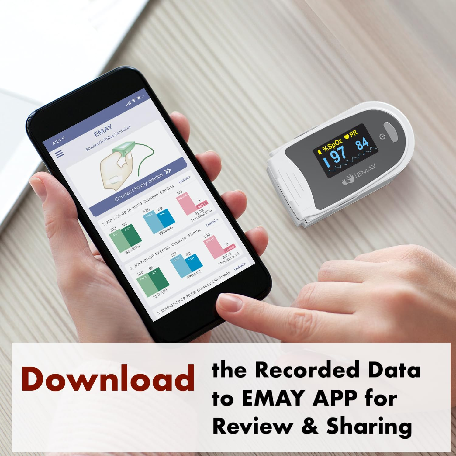 EMAY Sleep Oxygen Monitor with App for Iphone & Android | Track Overnight & Continuous Oxygen Saturation Level (Spo2) & Heart Rate with Professional Report | Memory Stores Spo2 Data up to 40 Hours