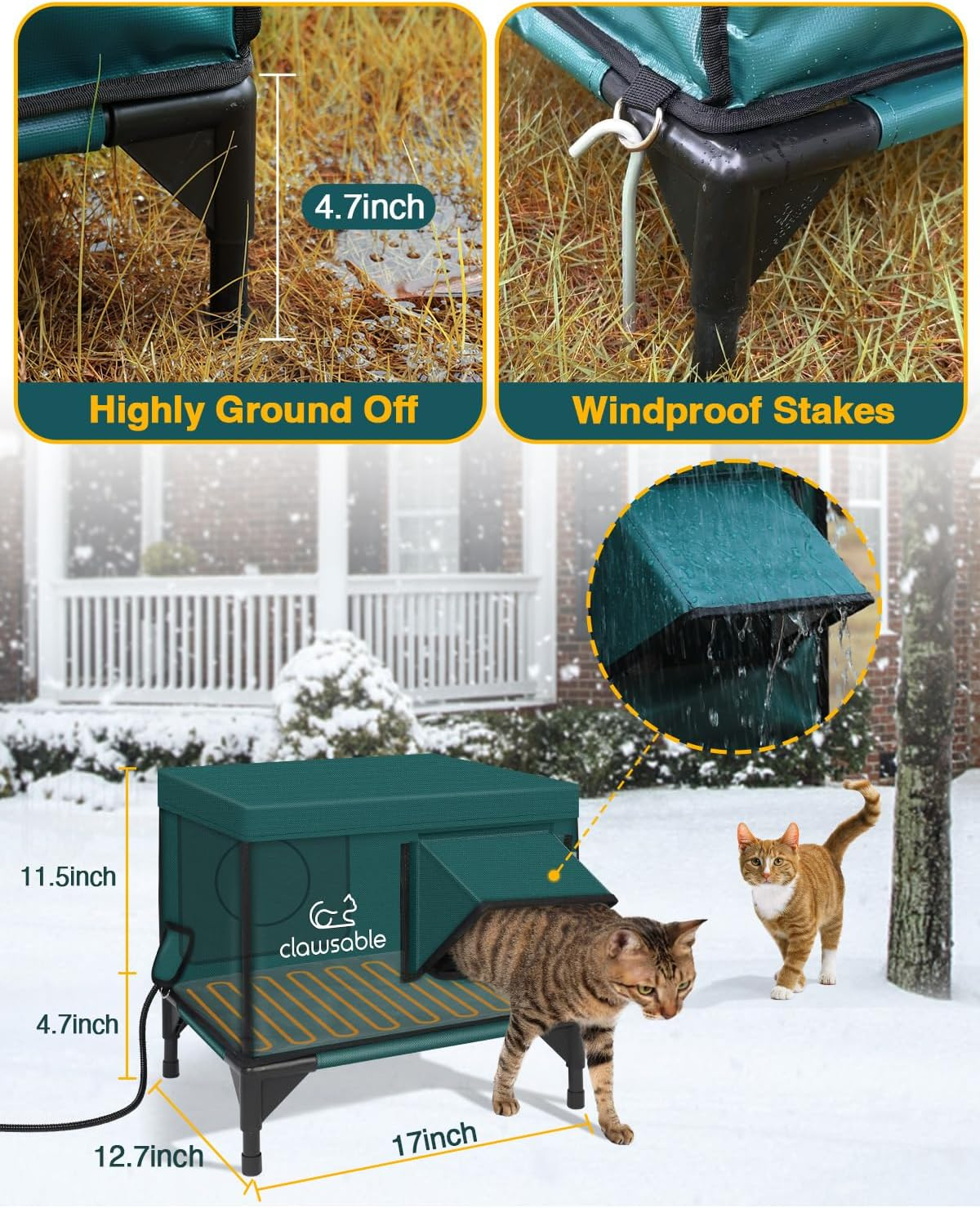 Clawsable Premium Heated Cat House for outside Winter, 100% Weatherproof, Safe Escape Door, Insulated Outdoor Cat House Shelter with Heater for Feral Barn Cat Kitty (Dark Forest Green, Small) image number 3